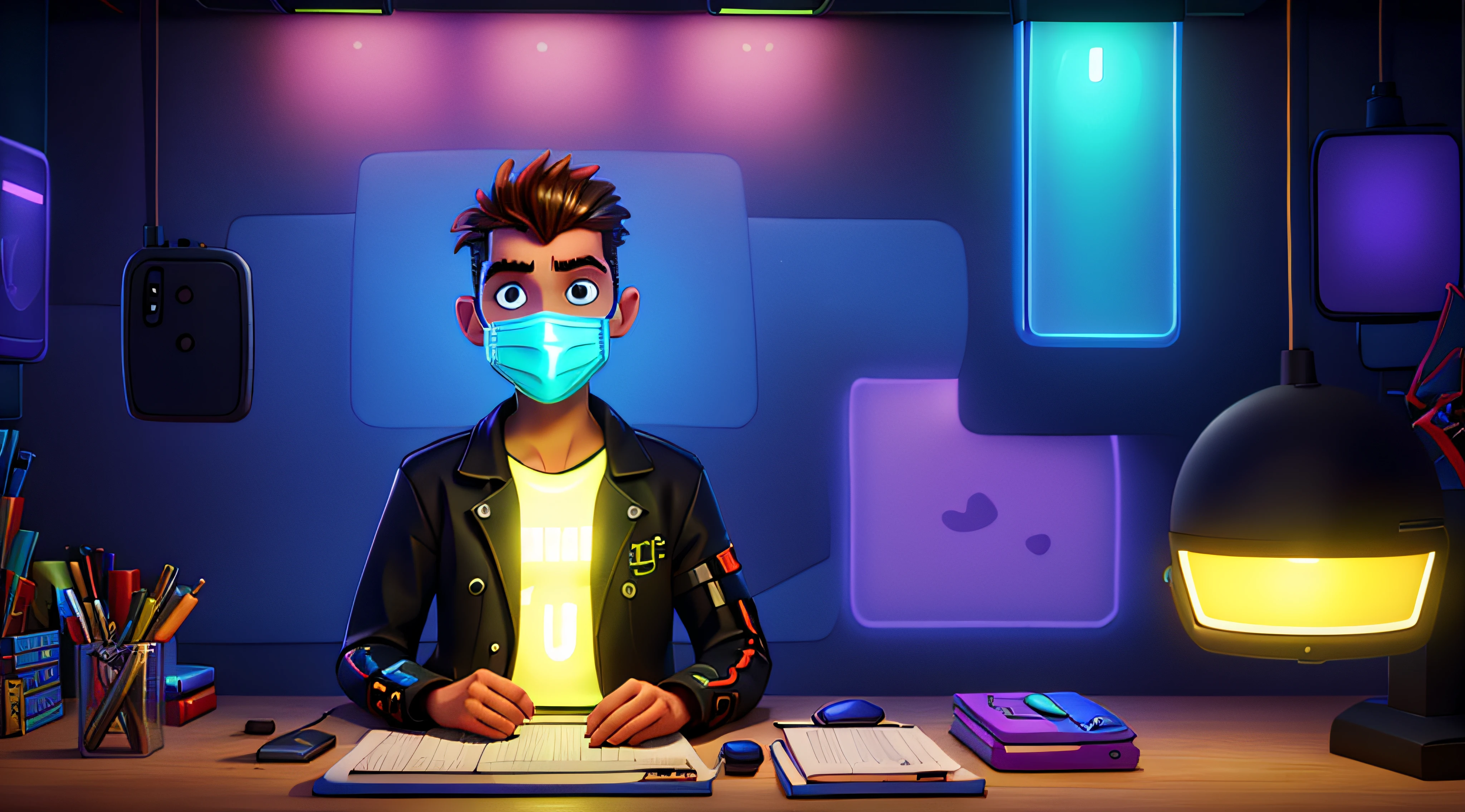 A lone cyberpunk boy sits at a neon-lit table, his high-tech face mask glowing in the dimly lit room.He's wearing a casual. The neon lights reflect off his metallic suit, creating a mesmerizing display of colors and patterns. hand，high qulity，8K，rich details​，Great .hand，high qulity，8K，rich details​，Great