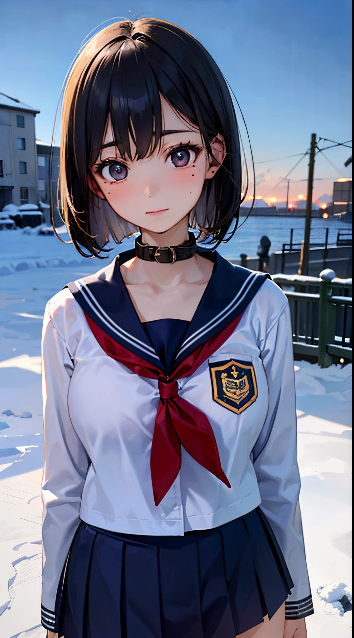 ((((perfect anatomy, super detailed skin)))), 1 girl, japanese, high school girl, shiny skin, large breasts:0.5, watching the view, 
beautiful hair, beautiful face, beautiful detailed eyes, (short hair:1.4, bob cut), 
beautiful clavicle, beautiful body, beautiful chest, beautiful thigh, beautiful legs, babyface, , , mole under eye, 
((navy school uniform, long sleeves, navy sailor suit, navy pleated skirt, navy sailor collar, red scarf, coat)), seductive thighs, stripe panties, black thigh-highs,  ((animal collar)), 
(beautiful scenery), winter, evening, hokkaido, sapporo, outdoors, snow, snowfall:1.5, freezing weather, frost, 
(8k, top-quality, masterpiece​:1.2, extremely detailed, , ), (photorealistic), beautiful illustration, cinematic lighting,