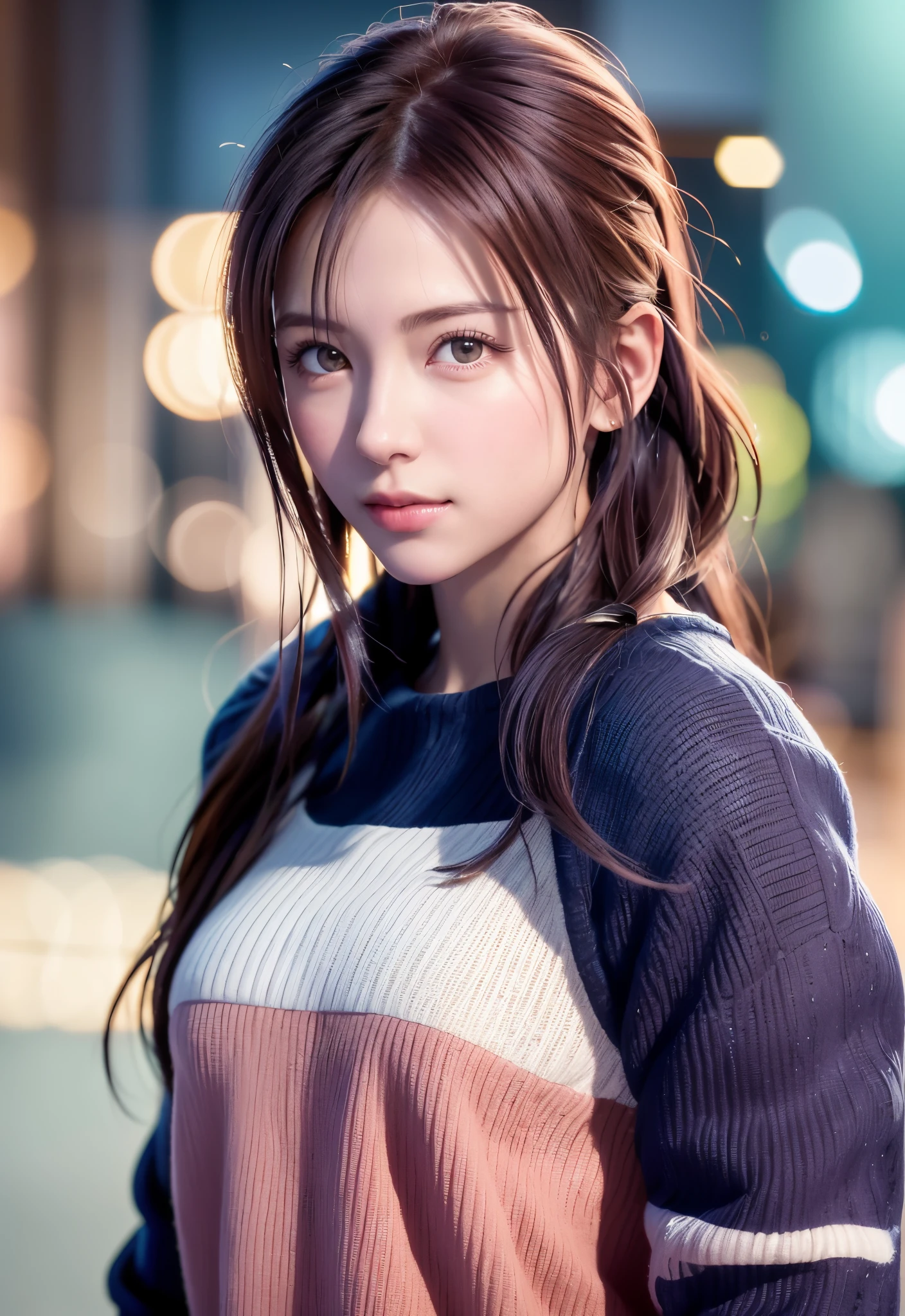 8K, of the highest quality, masutepiece:1.2), (Realistic, Photorealsitic:1.37), of the highest quality, masutepiece, Beautiful young woman, Pensive expression,、A charming、and an inviting look, skiing、snowboarder、Ski Wear, Hair tied back, Cinematic background, Light skin tone、Ski Resort Background