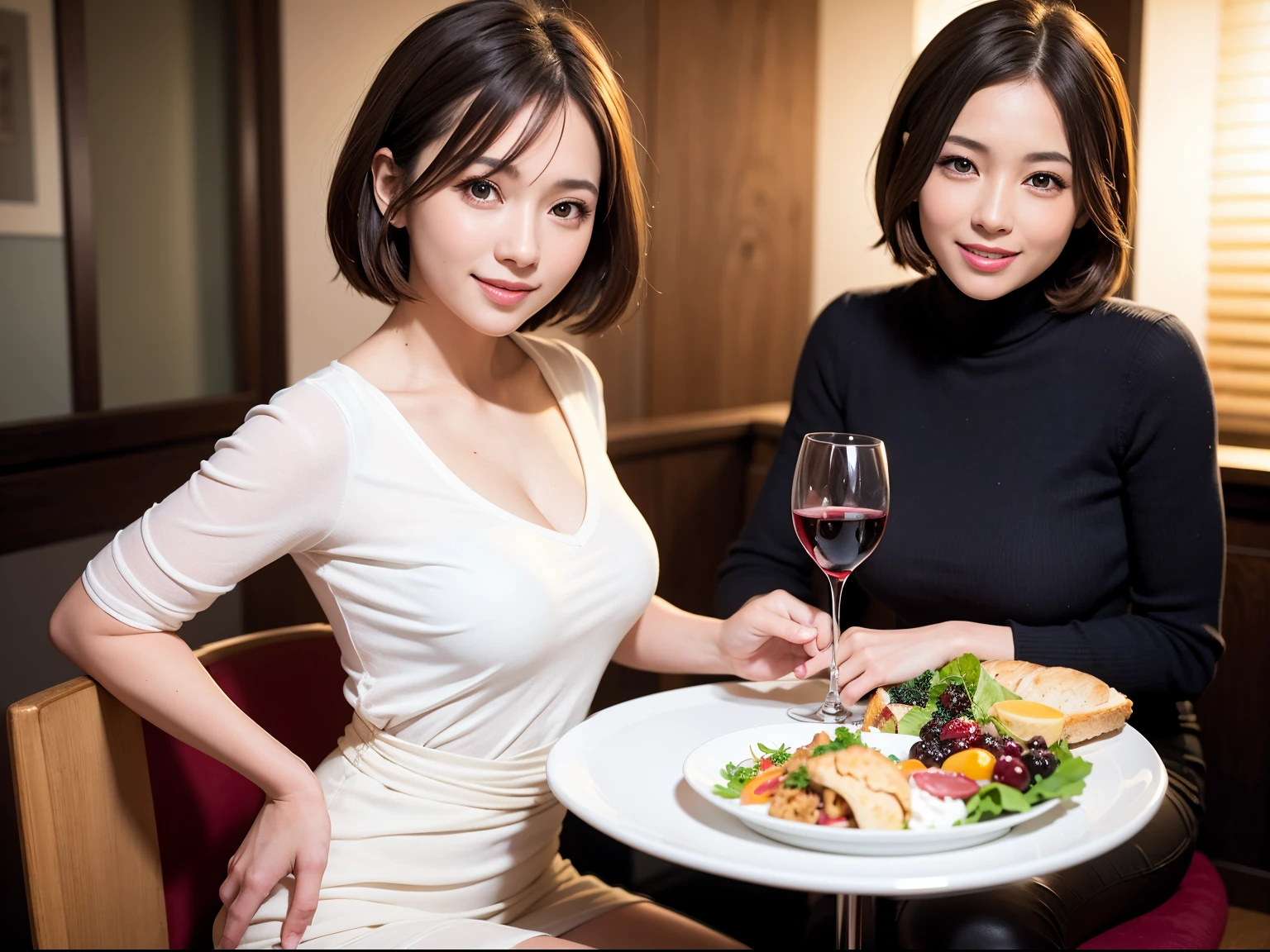 (64K, UHD, top quality, masterpiece: 1.2), (realistic, photorealistic: 1.37), super detailed, pretty woman 1 person, (slim face), (slim body), (brown hair), (short cut), cheeks slightly blushing, (35 years old), 38 years old, solo, beautiful detailed urban night view outside the window, restaurant, wine glasses sit, at night, in a prominent place (from the waist up) NovaFrogStyle, Actress, Model, Waist Up, White Wine, Slim, Wine Glass, Super Clean Night View, Wine Glass Put in the Middle, Happy Smile, (Smile: 1.15), Beautiful Fine Eyes, Upper Body, Bust Japan Up, Night, Short, Short, Actress, Model, Waist Up, White Wine, Slim, Wine Glass, Super Clean Night View, Wine Glass Put in the Middle, Happy Smile,
