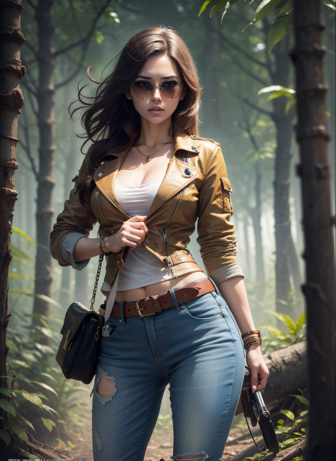Cinematic poster, Jungle Warrior, 1 ultra hot gorgeous woman. Age 23. Large breast.cleavage.Sunglasses, Black jeans, Belt bag, coat, rivet, holster, rivet, explosions, dense woods, Ruins, Just one body, Night