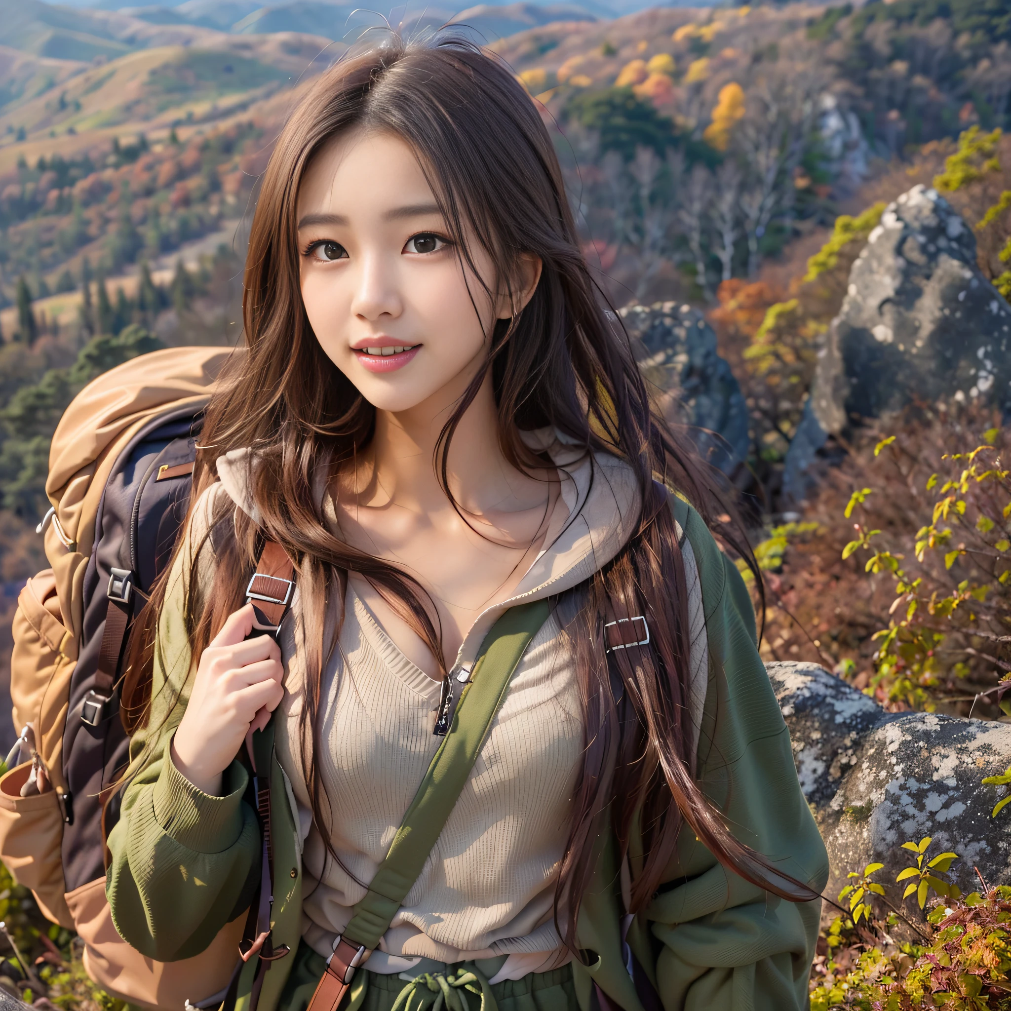 (Nature-scape photography), (best quality), masterpiece:1.2, ultra high res, photorealistic:1.4, RAW photo, (Magnificent mountain, sea of clouds), (On a very high mountain peak), (Blue sky in autumn, Red-colored forest), (wide-angle shot), (Show cleavage:0.8),
(1girl), (Photo from the knee up:1.3), (18 years old), (smile:1.2), (shiny skin), (real skin), (semi-long hair, dark brown hair)
(green Parker, white V-neck T-shirt, brown Trekking pants), (Carrying a large backpack),
(ultra detailed face), (ultra Beautiful fece), (ultra detailed eyes), (ultra detailed nose), (ultra detailed mouth), (ultra detailed arms), (ultra detailed body), pan focus, looking at the audience