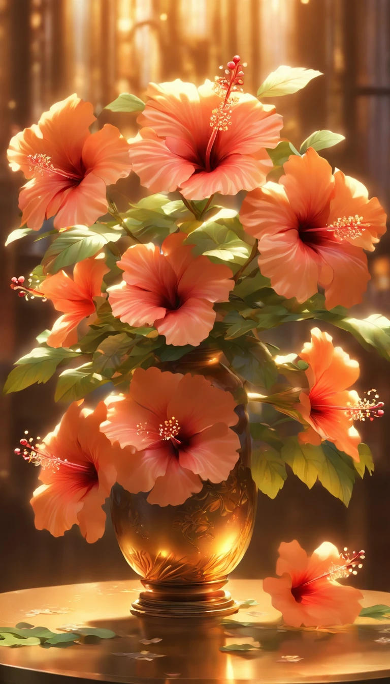 (masterpiece, best quality, ultra-detailed, 8k wallpaper, photorealistic), a bouquet of bronze hibiscus, metal flower, glass vase, decoration, conceptual, studio lighting
