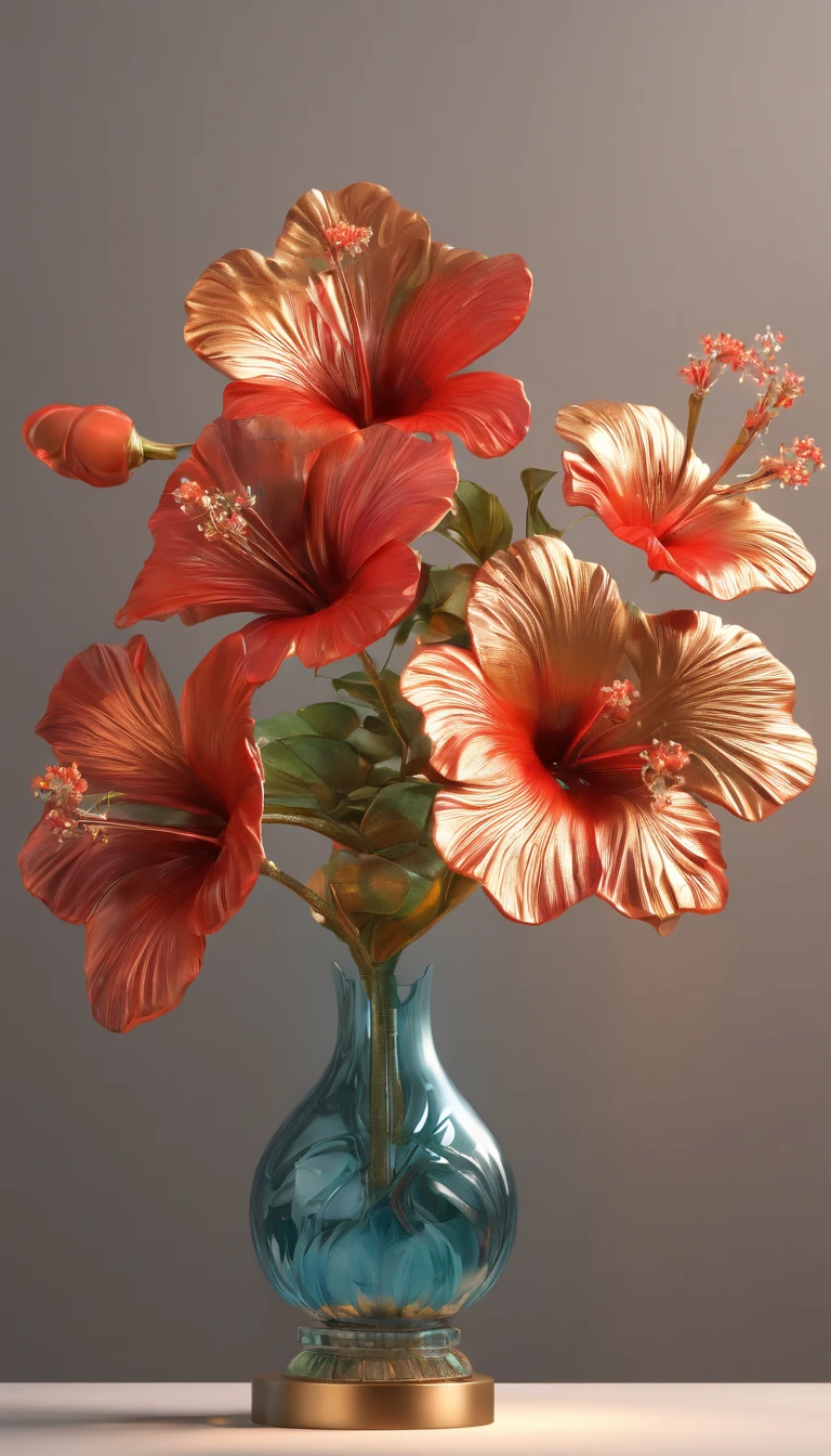 (masterpiece, best quality, ultra-detailed, 8k wallpaper, photorealistic), a bouquet of bronze hibiscus, metal flower, glass vase, decoration, conceptual, studio lighting