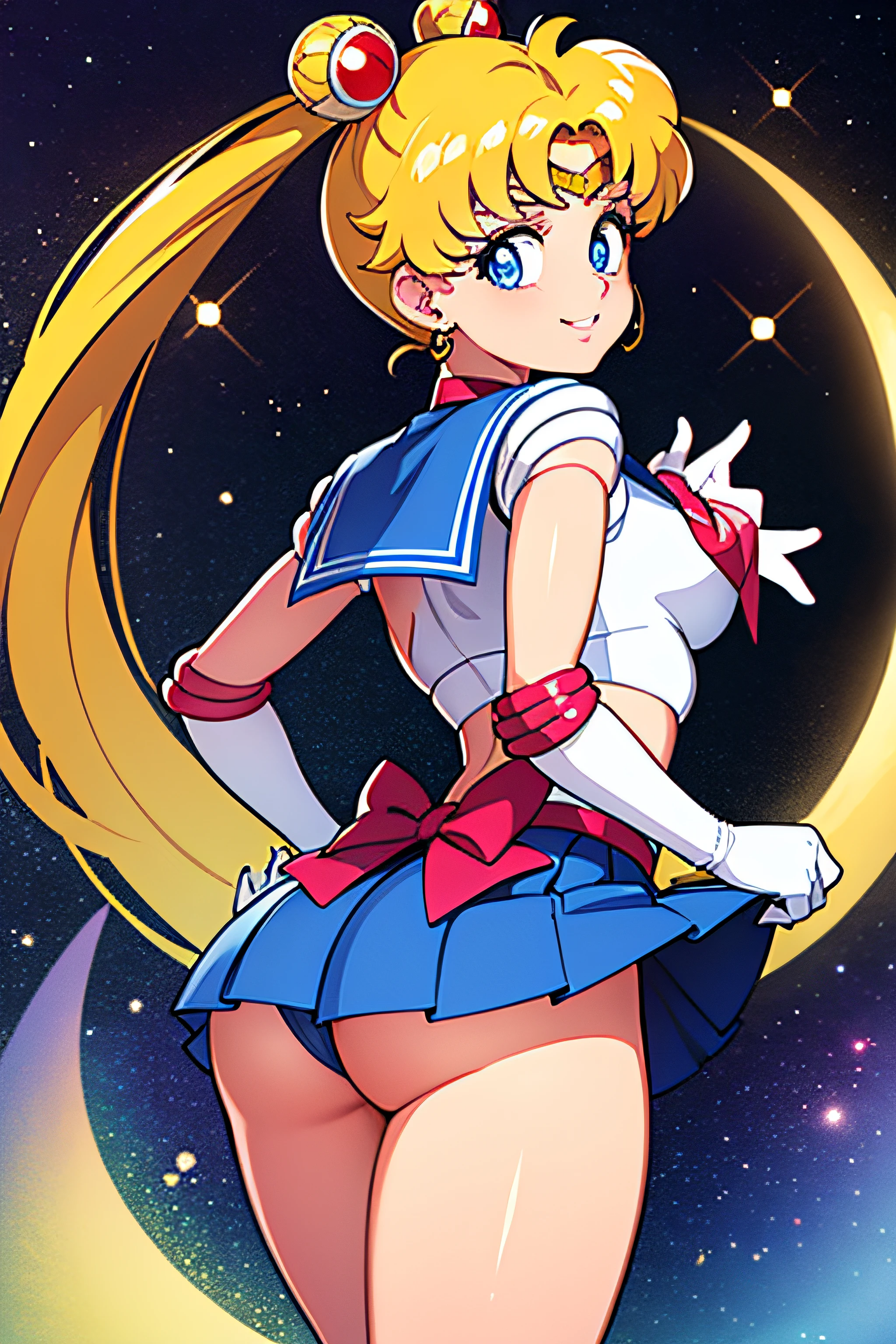 masterpiece, best quality, absurdres, perfect antomy, 1girl, solo, SMMoon, 1990s \(style\), blonde sailor moon, standing, smile, cowboy shot, sailor senshi uniform, sailor collar, blue skirt, elbow gloves, in back pose, show her booty, backwards, no thong big booty, ultra mini skirt ( BACK POSE, BACKWARD, SHOW HER BOOTY)