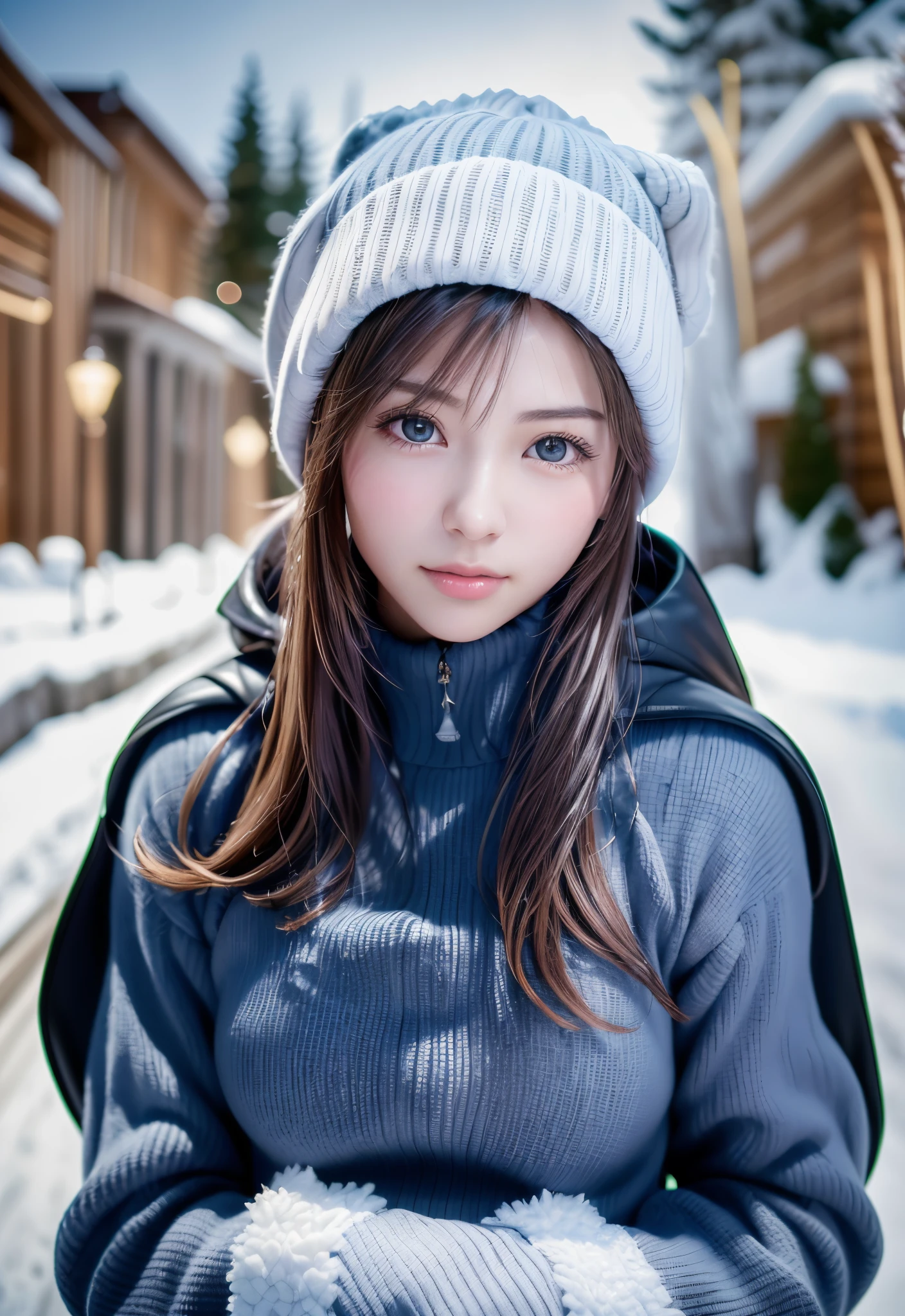 8K, of the highest quality, masutepiece:1.2), (Realistic, Photorealsitic:1.37), of the highest quality, masutepiece, Beautiful young woman, Pensive expression,、A charming、and an inviting look, skiing、snowboarder、Ski Wear, Hair tied back, Cinematic background, Light skin tone、Ski Resort Background
