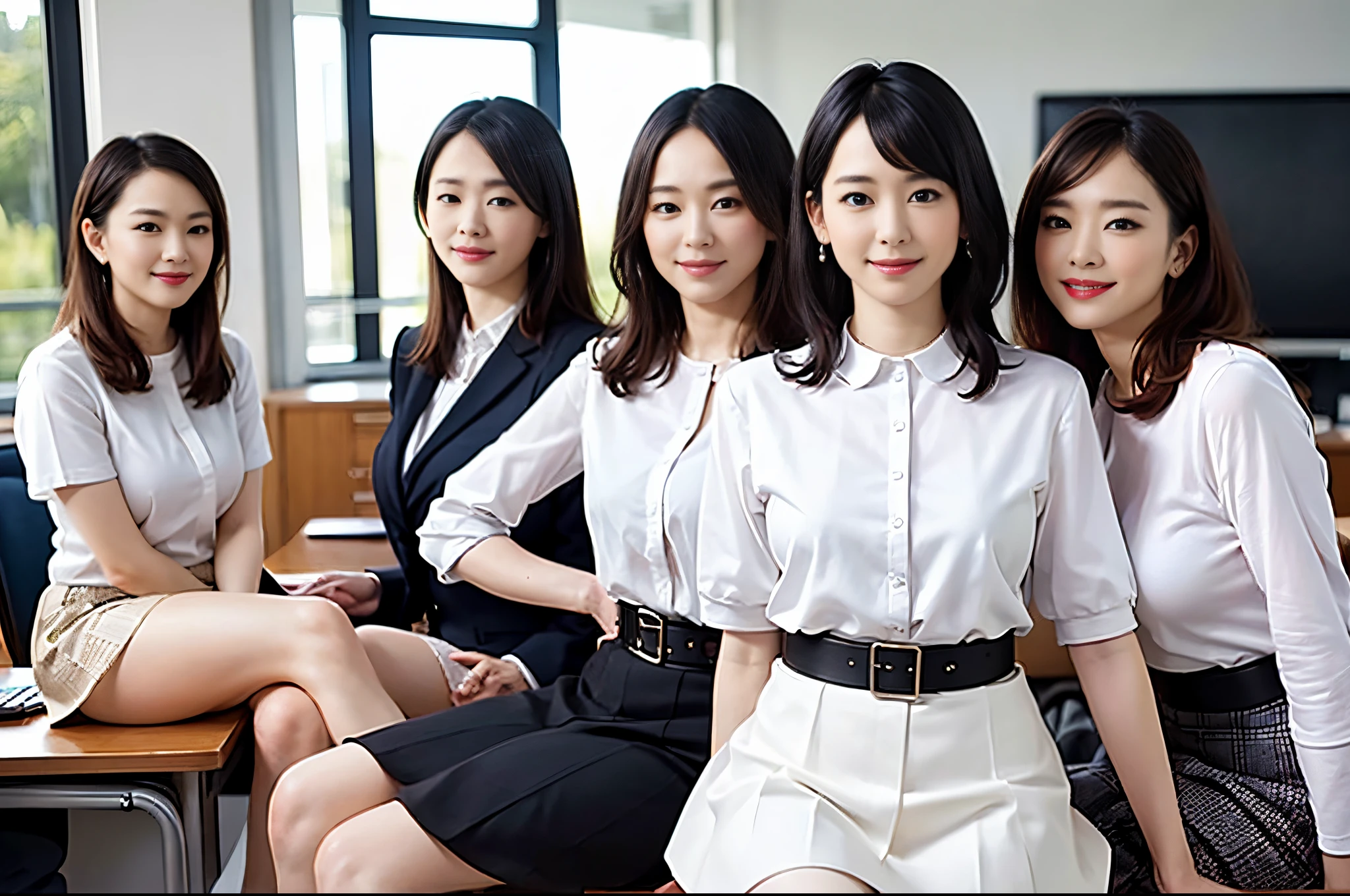 ((Best Quality, 8k, Masterpiecedetails, ultra-high resolution)), (group picture)(looking at the viewer), (full shot:), attractive business 5 milfs, 5 people, a bit chubby:0.25, white collared shirt, grey skirt, (sitting with cross legs on office desks)), smile, office of CEO,