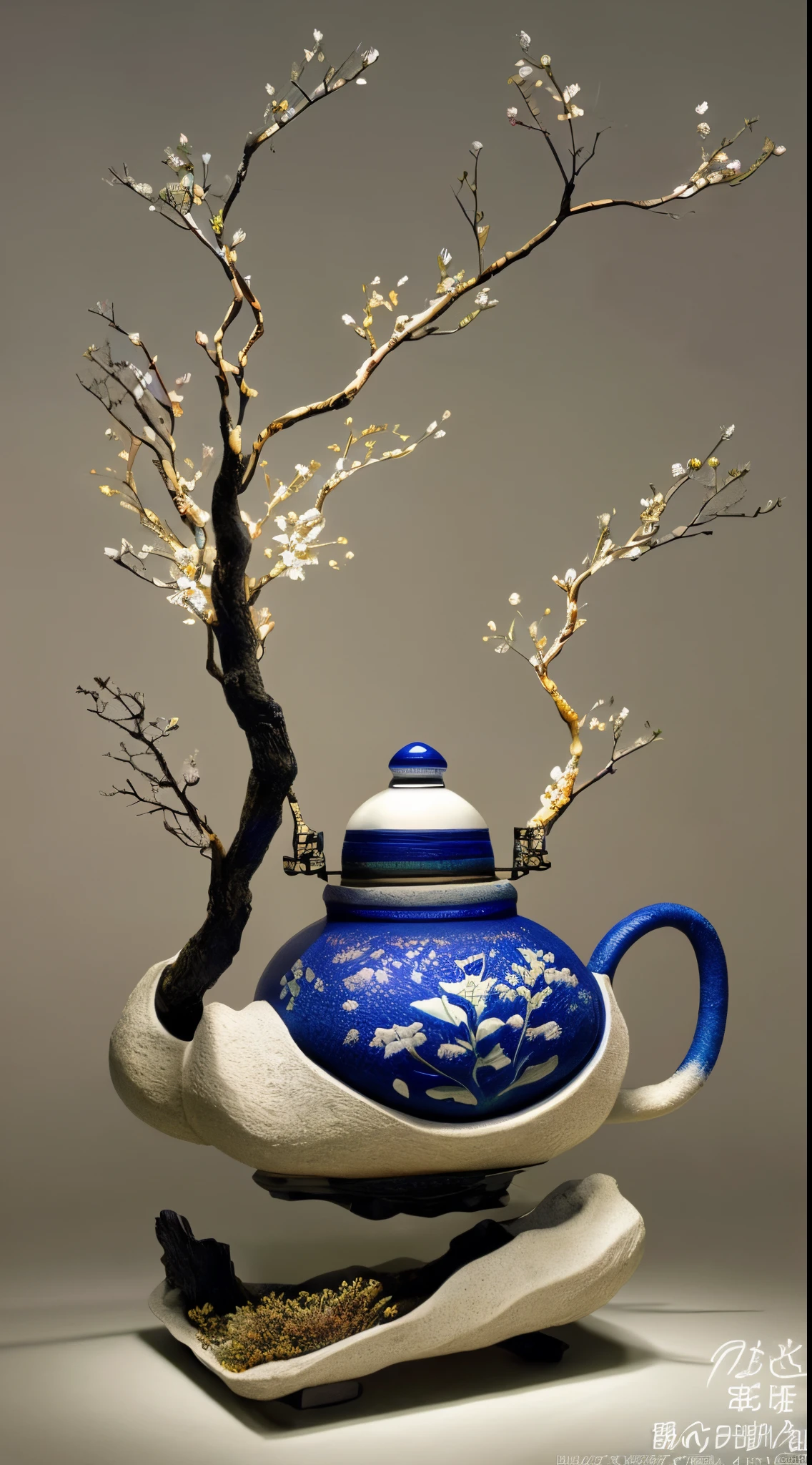 Stunning Japanese teapot, by McKay, serene zen garden, understated elegance, thought provoking, mixed media assemblage, mind blowing image, 3D, award winning, incredible lighting, thought provoking, stunning, colorful, well lit, hyper detailed, highly detailed