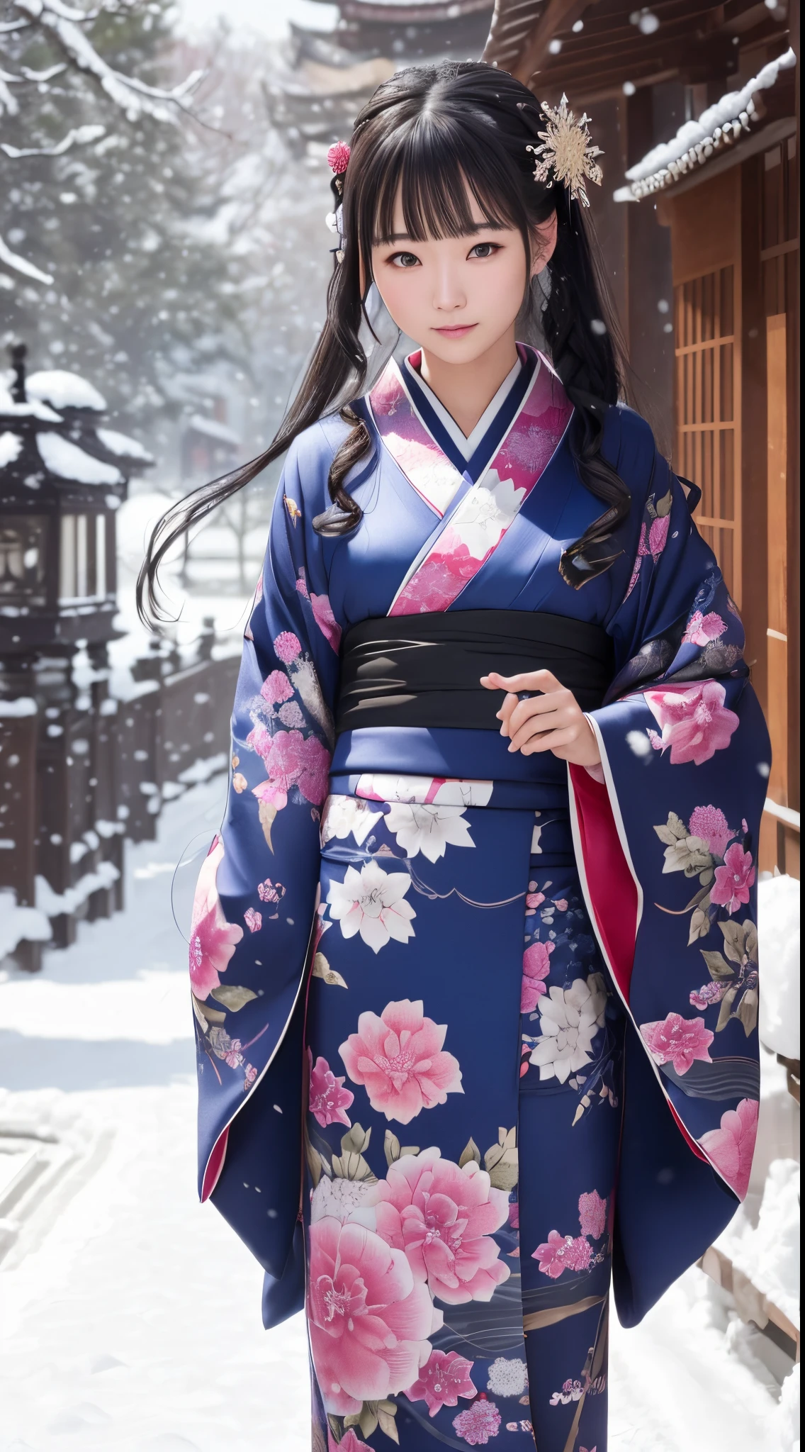 ((Kimono))、(full body Esbian)、(top-quality,​masterpiece:1.3,超A high resolution,),(ultra-detailliert,Caustics),(Photorealsitic:1.4,RAW shooting,)Ultra-realistic capture,A highly detailed,high-definition16Kfor human skin、 Skin texture is natural、25-years old、The skin looks healthy with an even tone、 Use natural light and color,One Woman,japanes,,kawaii,A dark-haired,Middle hair,(depth of fields、chromatic abberation、、Wide range of lighting、Natural Shading、)、、(Falling snow:1.1)、(Hair swaying in the wind:1.3)、(Snow reflects light:1.3)、Light in the eyes、Looking at the camera