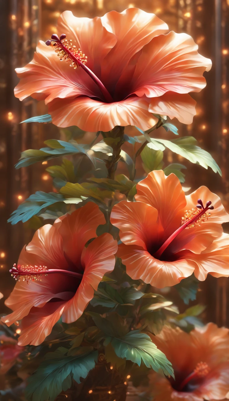 (masterpiece, best quality, ultra-detailed, 8k wallpaper, photorealistic), (a bouquet of bronze hibiscus, made of bronze ,metal flower), glass vase, decoration, conceptual, studio lighting