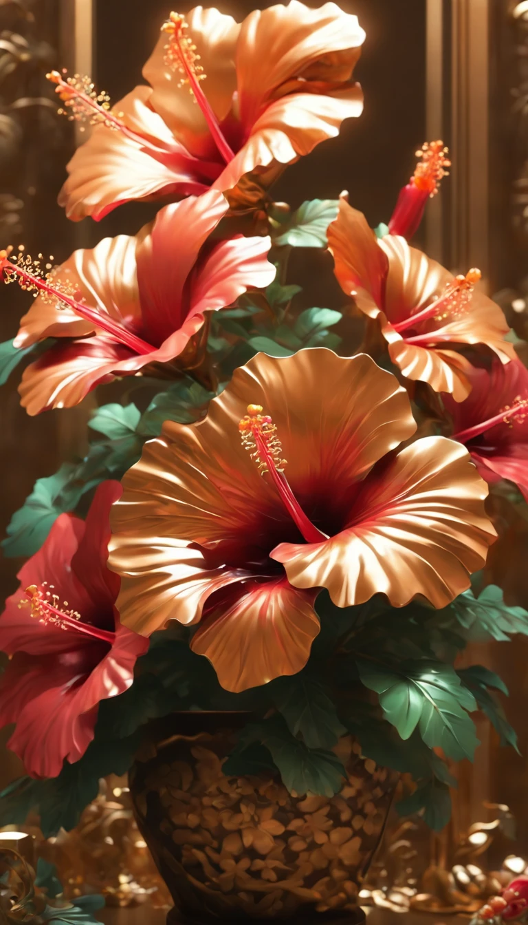 (masterpiece, best quality, ultra-detailed, 8k wallpaper, photorealistic), (a bouquet of bronze hibiscus, made of bronze ,metal flower), glass vase, decoration, conceptual, studio lighting