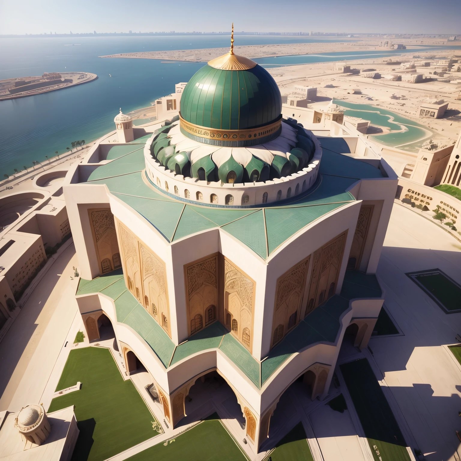 , Building a huge mosque for Muslims , A huge and beautiful building in the middle of the picture , Designed by Engineer. Hassan Fathi , Modern building in Dubai , Islamic civilization, , High details, detailed Islamic inscriptions,