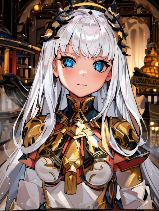 (masterpiece, best quality:1.2), 1girl, (adult:1.2), solo, standing, face focus, cinematic shot, lyla, white hair, long hair, blunt bangs, horns, (black sclera, colored sclera, blue eyes:1.2), looking at viewer, red skin, white shirt, huge breasts, full body,woman-medieval-clothes, robe, dress, longskirt