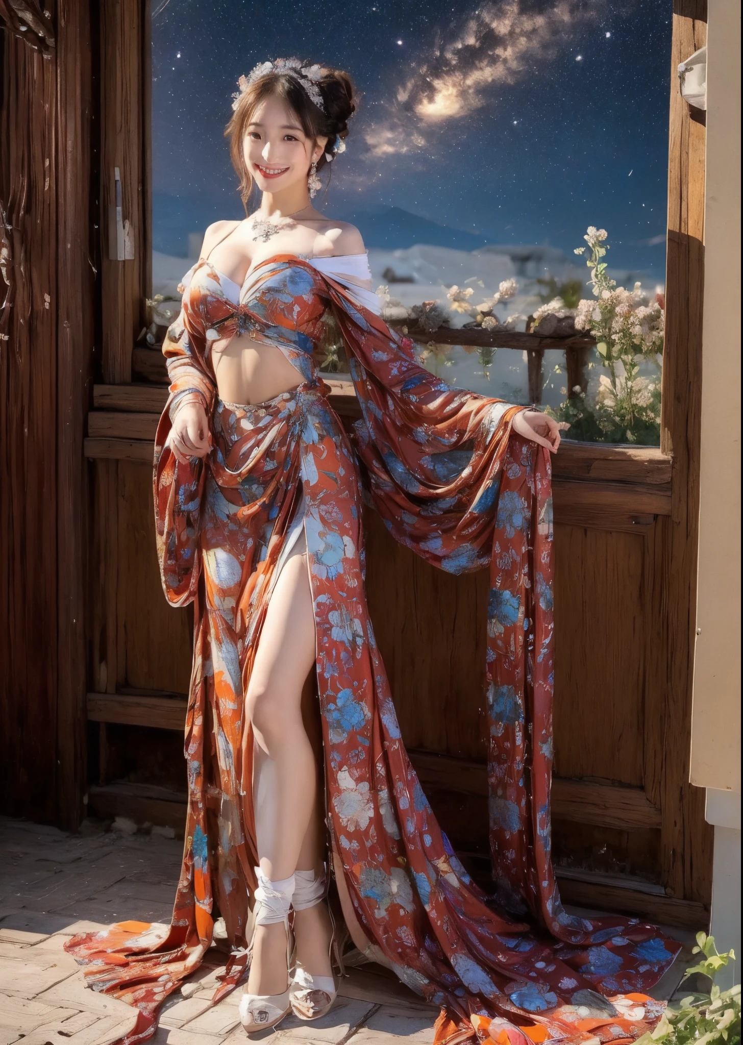 top-quality。８K-Picture。Random、Young gravure idols。Beautiful woman with perfect style。Although she is slim, Her chest is huge。The attractiveness of the gap。Slim abs。silber hair。(Colossal tits：1.4)。Kawaii's eyes。二重まぶた。long, curlies。The face is painted very delicately。Perfect style。Orange sleeveless dress、orange clothes:1.5、orange high-neck dress:1.5、orange robe:1.5)Photographed in。(The fate of gravure idols、Colossal tits：1.4)。Subtle smile or shyness。Photographed in。(The fate of gravure idols、Colossal tits：1.4)。Subtle smile or shyness。
