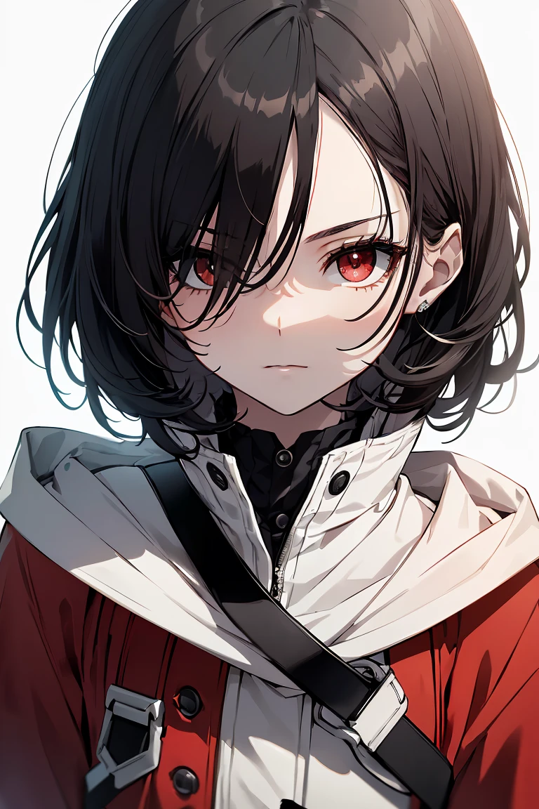 1 girl in, Full body, (masutepiece:1.2, Best Quality), (finely detailed beautiful eye: 1.2), (beautifull detailed face), High contrast, (Best Illumination, extremely delicate and beautiful), ((Cinematic Light)), Dramatic light, (Pale white background:1.5), oversized red coat, Black hair, Red Eyes, body harnesses, Side tail hair,black military uniform, black skirt,