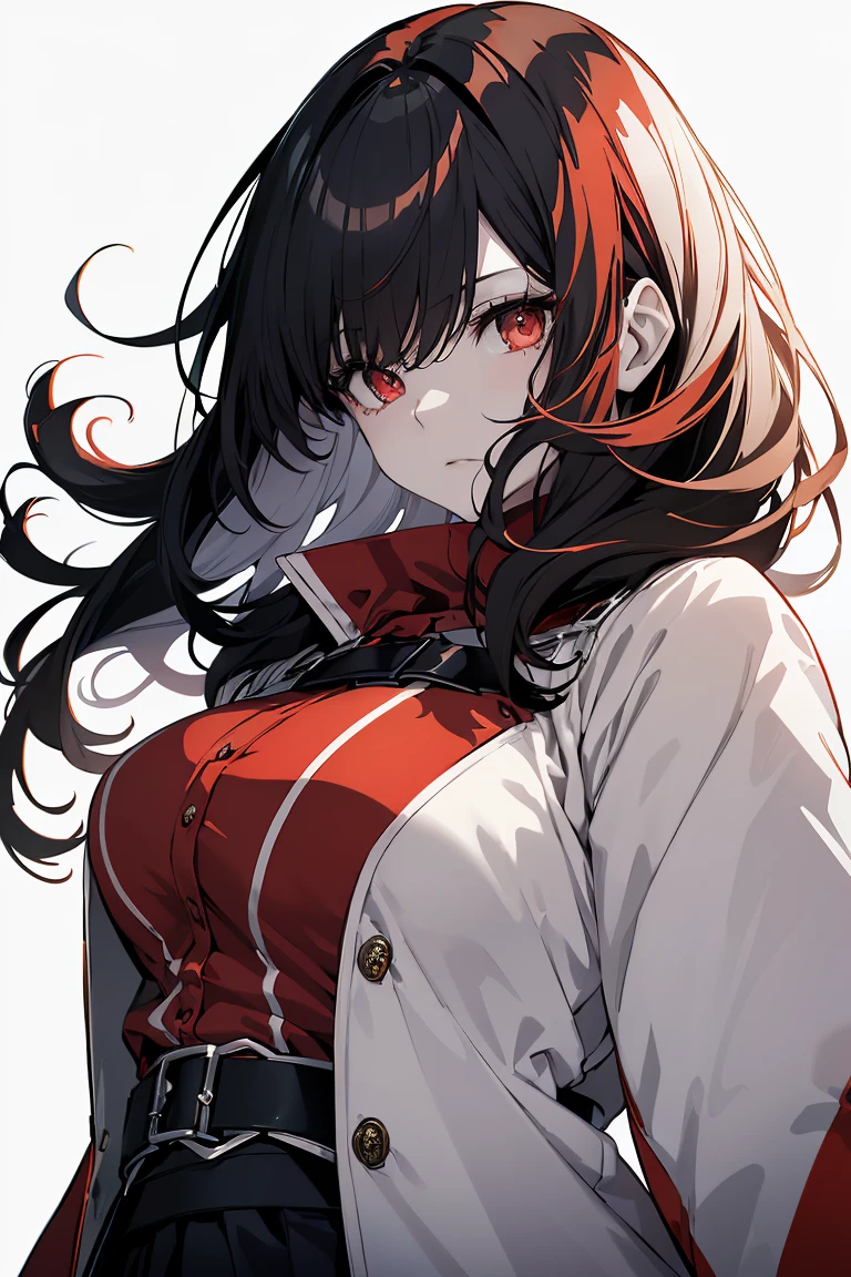 1 girl in, Full body, (masutepiece:1.2, Best Quality), (finely detailed beautiful eye: 1.2), (beautifull detailed face), High contrast, (Best Illumination, extremely delicate and beautiful), ((Cinematic Light)), Dramatic light, (Pale white background:1.5), oversized red coat, Black hair, Red Eyes, body harnesses, Side tail hair,black military uniform, black skirt,