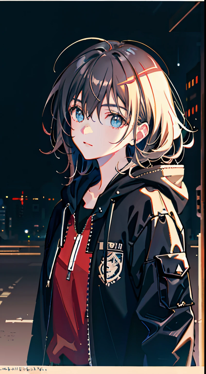 1girl, jacket, rain, outdoor, hoodie, open jacket, chain, backpack, looking at another, messy hair, trending on artstation, 8k resolution, highly detailed, anatomically correct, sharp image, digital painting, concept art, trending on pixiv, style of makoto shinkai,