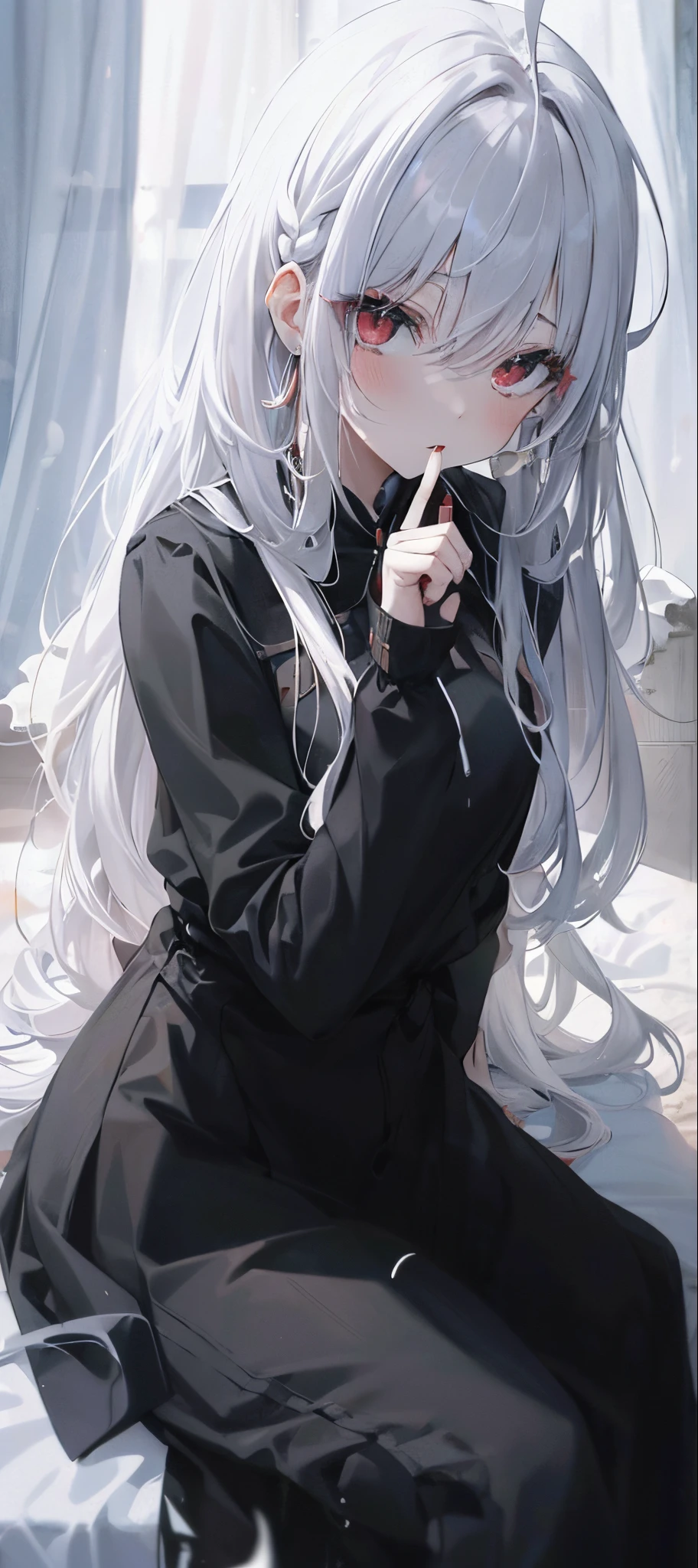 (1girl), expressionless, 1girl, bishoujo, stare, red eyes, beautiful detailed eyes, long hair, white hair, silver_hair, hair like wings, dull hair, ahoge, Hair rings, half talks, tied hair, twin_braid, (long hair),