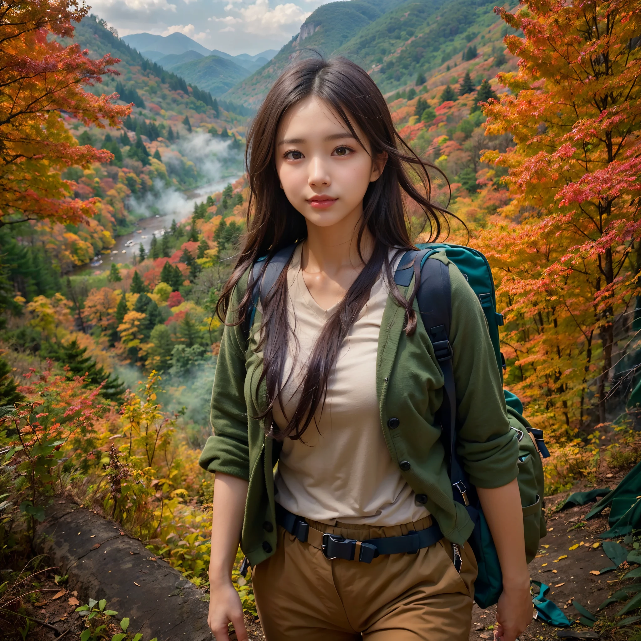 (Nature-scape photography), (best quality), masterpiece:1.2, ultra high res, photorealistic:1.4, RAW photo, (Magnificent mountain, sea of clouds), (On a very high mountain peak), (Blue sky in autumn, Red-colored forest), (wide-angle shot),  (Show cleavage:0.8),
(1girl), (Photo from the knee up:1.3), (18 years old), (smile:1.2), (shiny skin), (real skin), (semi-long hair, dark brown hair)
(green-Parker, white V-neck T-shirt, brown-Trekking-pants), (Carrying a large backpack), 
(ultra detailed face), (ultra Beautiful fece), (ultra detailed eyes), (ultra detailed nose), (ultra detailed mouth), (ultra detailed arms), (ultra detailed body), pan focus, looking at the audience