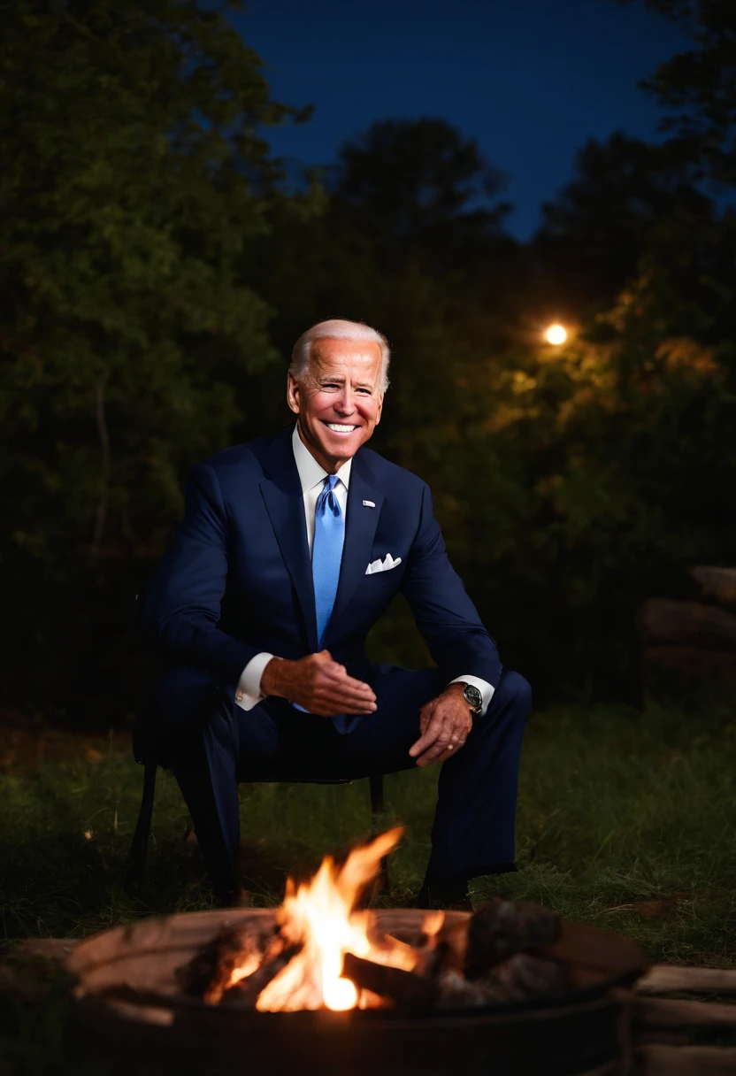 A photo of Joe Biden enjoying a peaceful midnight stargazing session by a campfire.,original, Joe Biden, the President of the United States, is typically seen in a suit and tie, often with a smile and aviator sunglasses, which have become somewhat of a trademark look for him. He has white hair, blue eyes, and is known for his friendly demeanor.