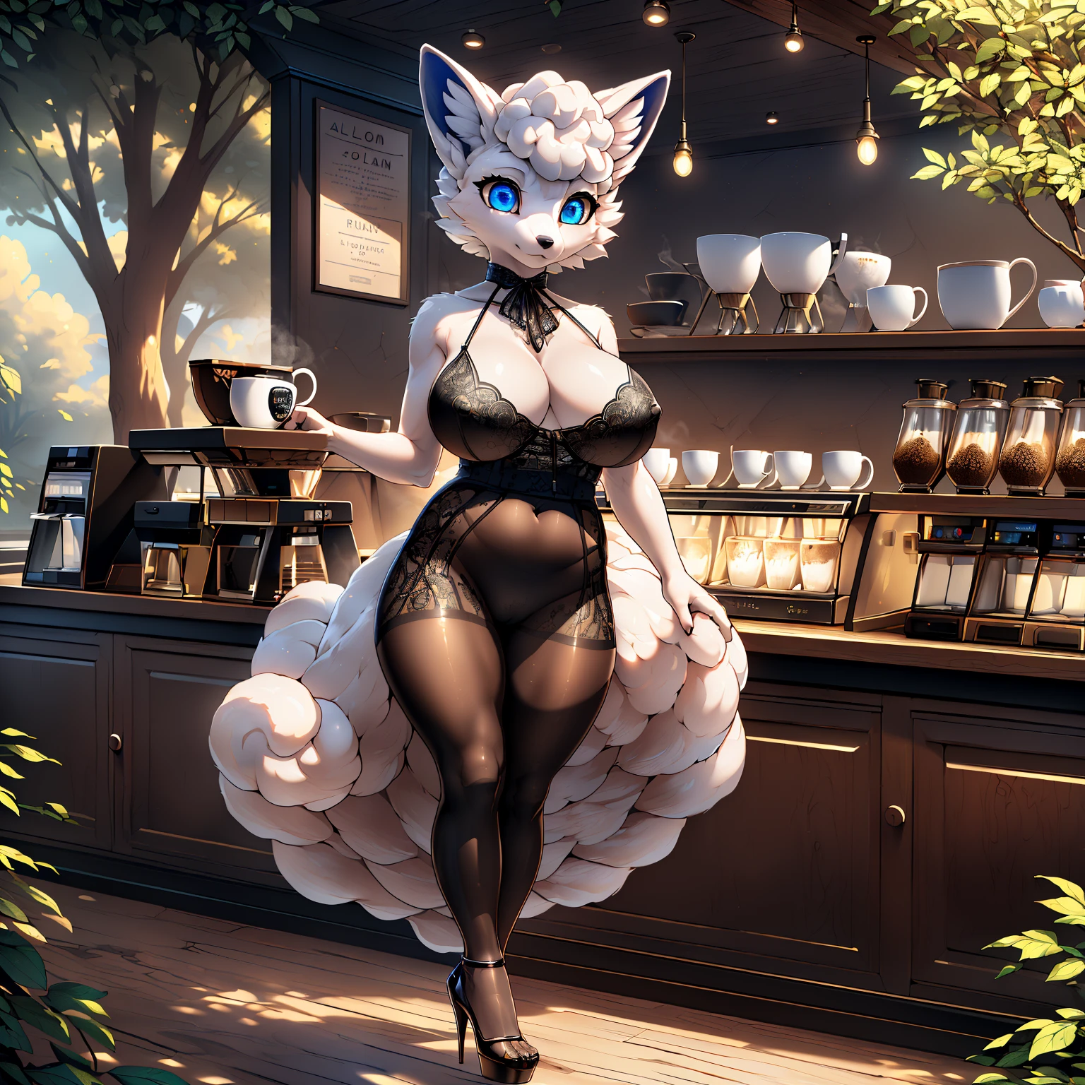 1girl (((Made by Complextree))), ((Alolan Vulpix)), ((solo)), ((big and firm breasts, antrum, extremely detailed, extremely detailed legs, extremely detailed arms, extremely detailed face, perfectly detailed eyes,perfectly detailed anatomy, Wearing, black pantyhose, high heels,coffee shop)