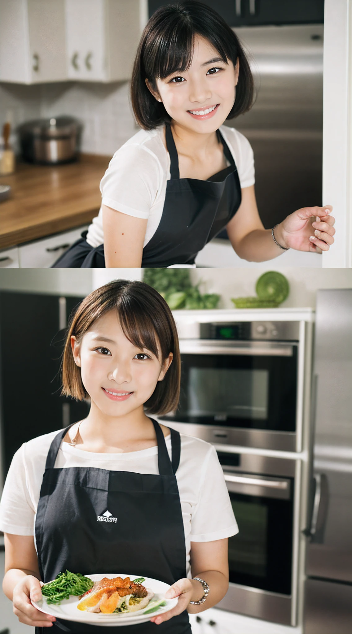 Around Matsubara Danchi Station、natta、old apartment、Narrow kitchen、Beloved new wife 、My wife was waiting for me to come home in a naked apron、Woman in apron and food plate in kitchen, Cooking, In the kitchen, cooking it up, super realistic food picture, in a kitchen, Realistic art style, ((NAKED Apron))、Too cute girl, a cute Japanese girl, a photo of girl, Lori, Realistic Young Gravure Idol、16yo girl、noeup、Variety of hairstyles, Medium Hair、Bery short hair、bobhair、Boyish hair、a baby face、Beauti Girl, (Photo Real:1.4)、taken with canon 5d mk4, taken with canon eos 5 d mark iv, Shot with Canon EOA 6 D Mark II, Highly detailed facial and skin texture、 Detailed eyes、二重まぶた、Aori composition、Overhead view、Pose with buttocks looking back、(8K, top-quality, masterpiece:1.2), (realisitic, Photorealsitic:1.37), ultra-detailliert, 1girl in、cute little, poneyTail、half up、Various expressions、appearance、various aprons、Cute、photo taken with sony a7r、taken with sigma 2 0 mm f 1、Photograph Taken on Nikon D750、Various poses