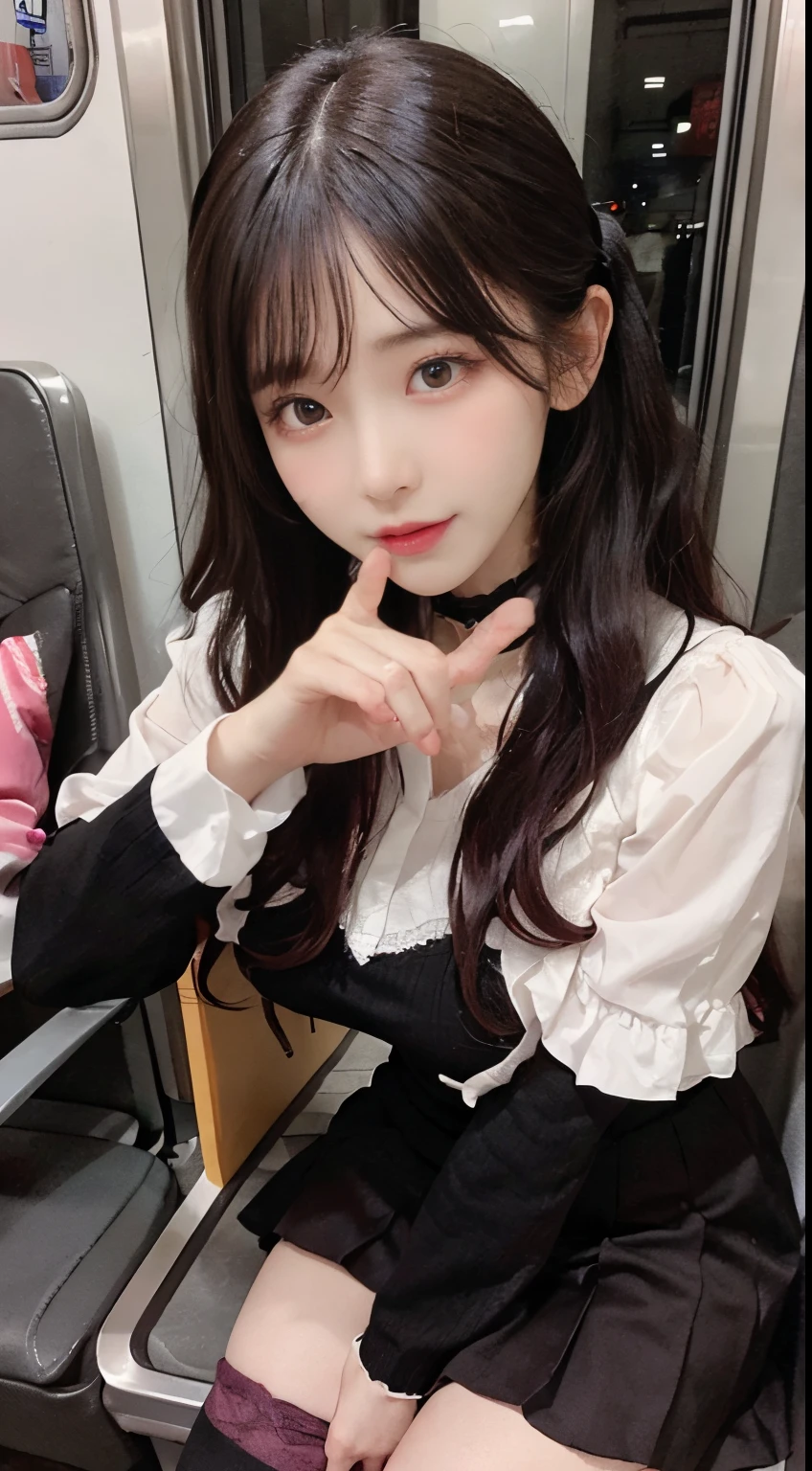 Korean Beauty,Sitting on the train,(((tmasterpiece))), ((best qualtiy)), ((intricate detailes)), ((Ultra-realistic realism)), Ridiculous resolution, A MILF, Mature Woman, ighly detailed, illustratio, 1girll,((Large breasts)), perfect hand, Detailed finger, Beautiful detailed eyes, Lowered twin tails, Colored inner hair, Very long black hair, Very bright pink hair, with brown eye, Name badge, ( Korean style long sleeve dark pink ruffle lace up pleated skirt, Black knee-high socks:2.2),detailedbackground, perfect eyes, mesmerizing eyes,Slightly open mouth, ((One fragile girl:1.2))