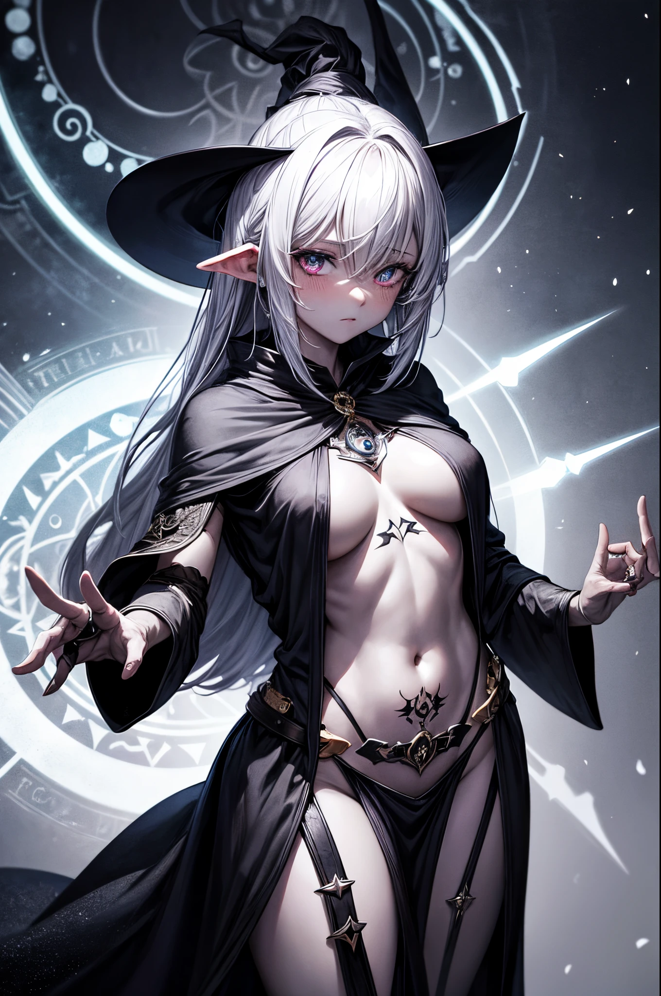 dark magic user, black holes, witch, cursed tattoo on body, robes, grey skin, crest, close-up, huge magic circle on hand, fantasy art, sapphire accesory, perfect body shape, look away, shy blushing face, masterpieces, solo, magical belt, void aura, mystic quality, 16k anime wallpaper quality, extreme eye detail, breast expose