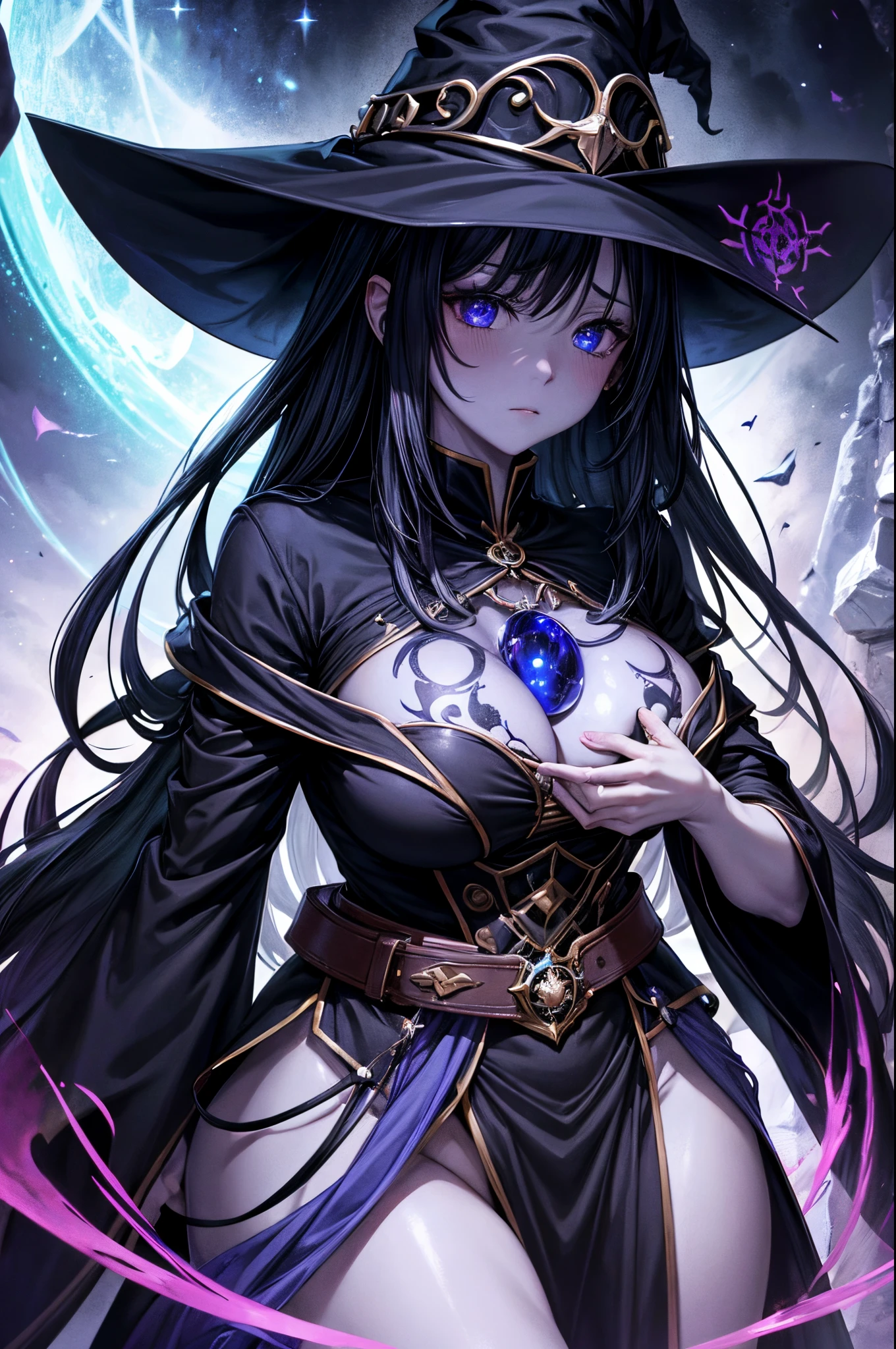 dark magic user, black holes, witch, cursed tattoo on body, robes, grey skin, crest, close-up, huge magic circle on hand, fantasy art, sapphire accesory, perfect body shape, look away, shy blushing face, masterpieces, solo, magical belt, void aura, mystic quality, 16k anime wallpaper quality, extreme eye detail, breast expose