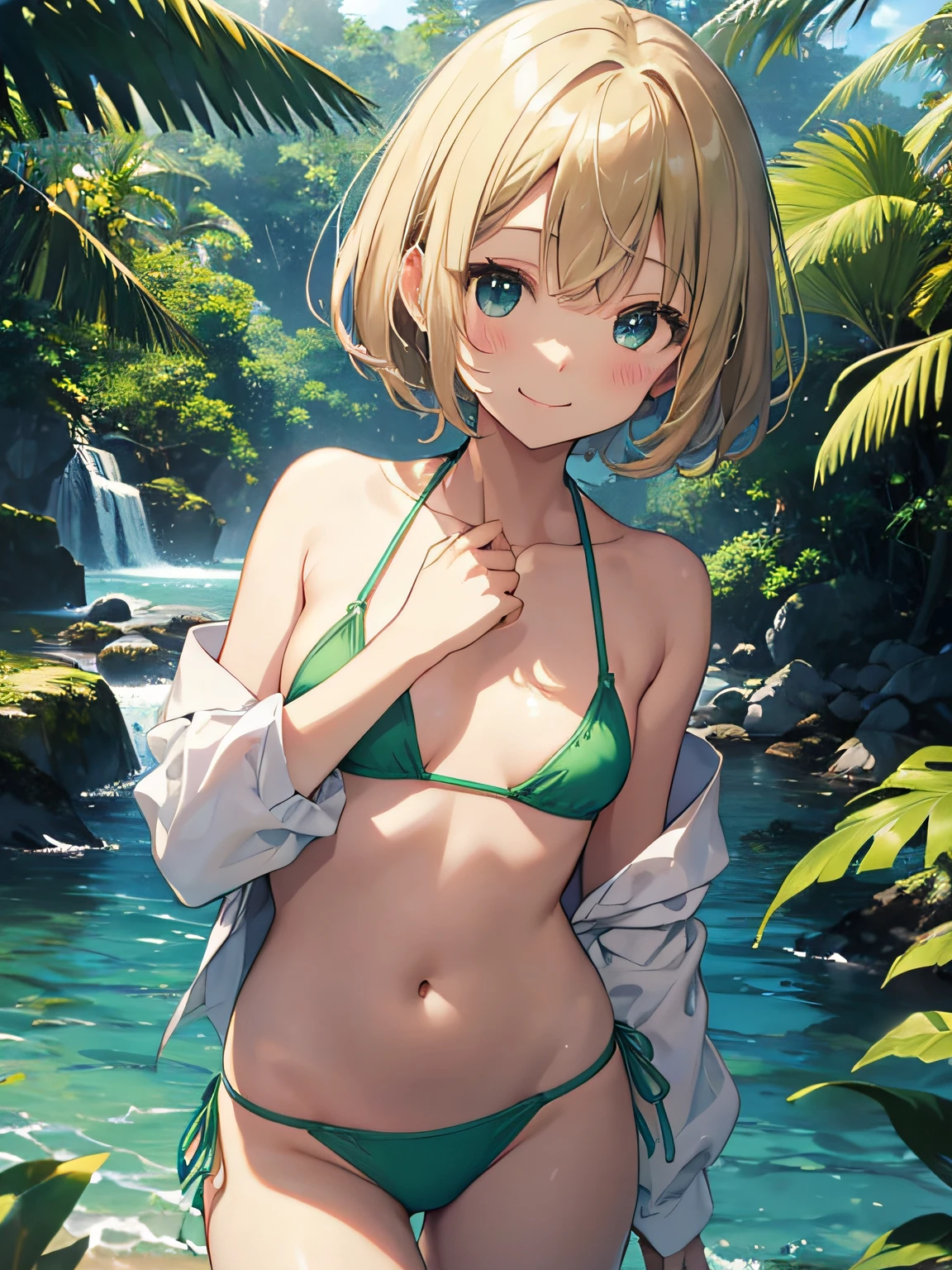 top-quality、extremely delicate and beautiful、Elementary school girls、5th grade elementary school、((Green Micro Bikini))、mesugaki、A smile、a blond、(Brown skin)、Sea on jungle background、is standing、short-hair
