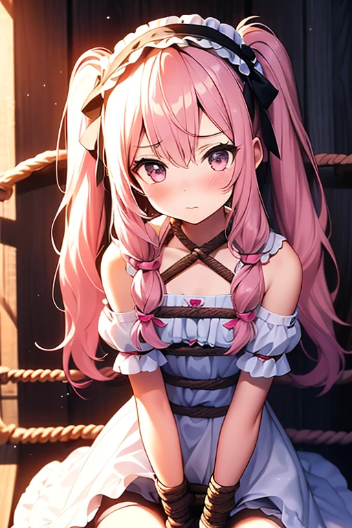 girl, ((loli)), medium hair, twintails, lolita hairband, light blush, shy, black eyes, ((small breasts)), white kneehighs, pink hair, (((rope))), (((bdsm))), (lolita_fashion),