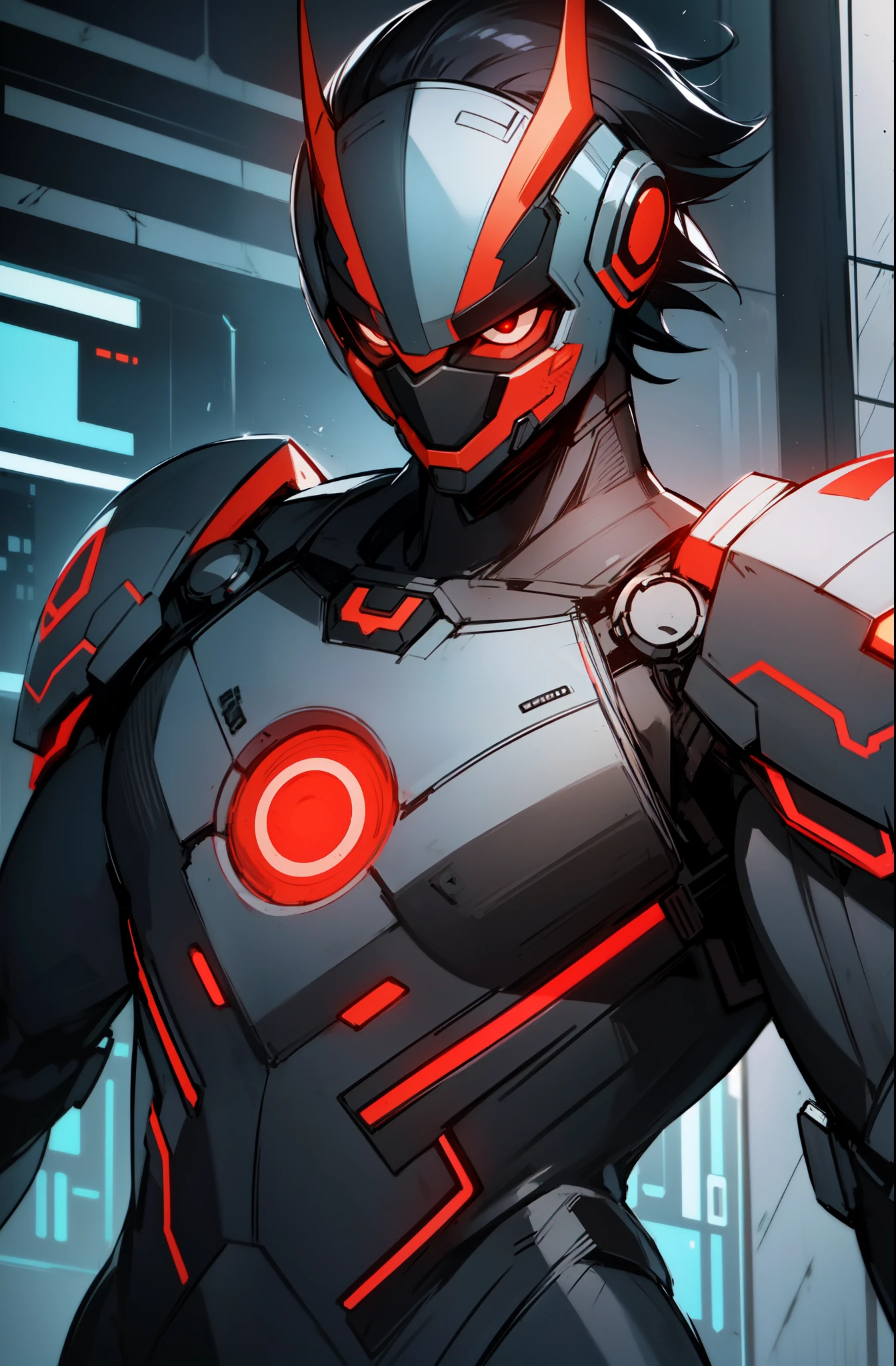 cyberpunk, android, red and black bodyarmor, red and black bodysuit, red eyes, cybernetic suit, high quality,high resolution illustration, best quality, High definition, ((detailed anime sketch)), Masterpiece, (solo), absurdres, ((black hair)), short hair, 1boy, male focus,