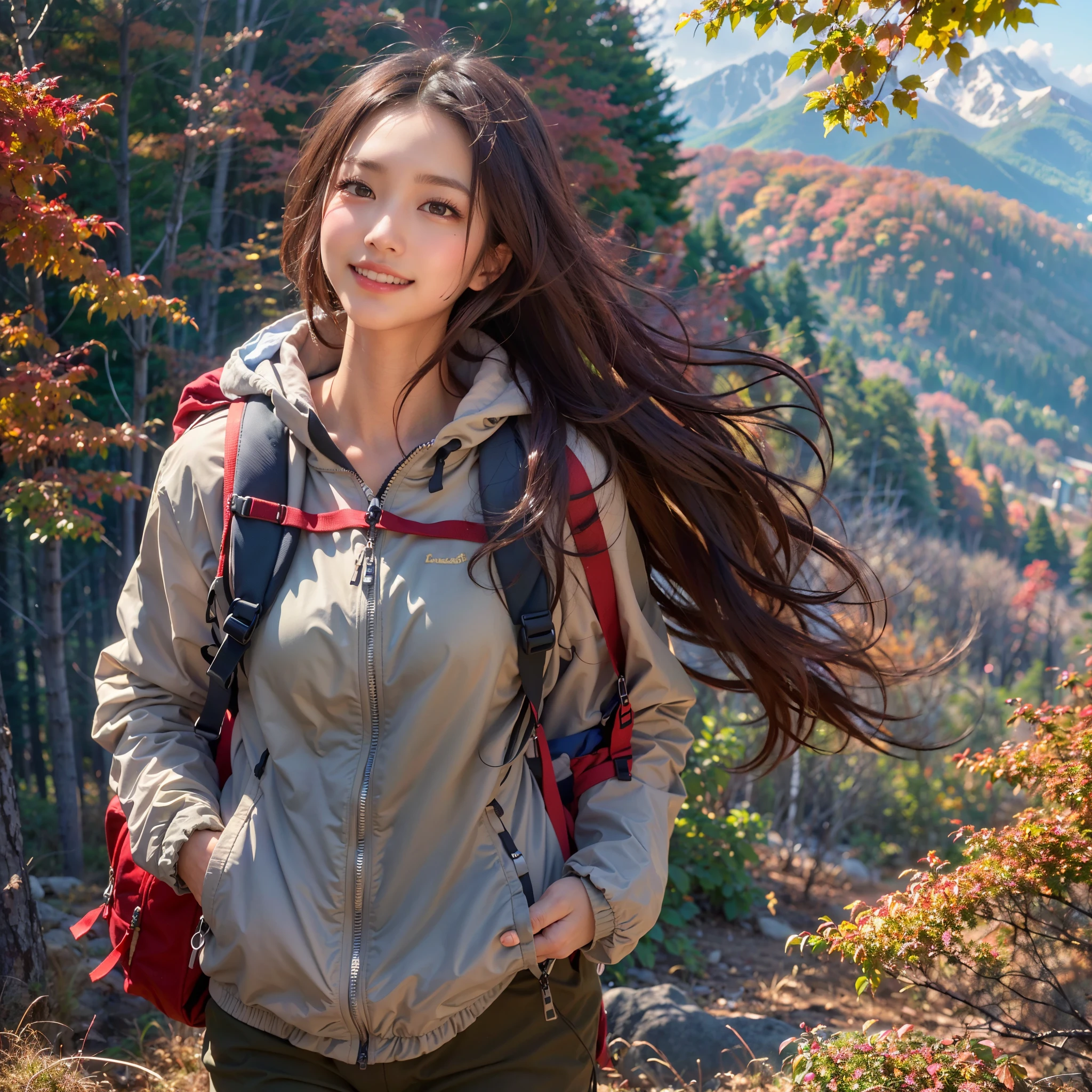 (Nature-scape photography), (best quality), masterpiece:1.2, ultra high res, photorealistic:1.4, RAW photo, (Magnificent mountain, sea of clouds), (On a very high mountain peak), (Blue sky in autumn, Red-colored forest), (wide angle shot),  (Show cleavage:0.8),
(1girl), (Photo from the knee up:1.3), (looking at the audience), (18 years old), (smile:1.2), (shiny skin), (real skin), (semi-long hair, dark brown hair)
(windbreaker), (Trekking-pants), (Carrying a large backpack), 
(ultra detailed face), (ultra Beautiful fece), (ultra detailed eyes), (ultra detailed nose), (ultra detailed mouth), (ultra detailed arms), (ultra detailed body), pan focus