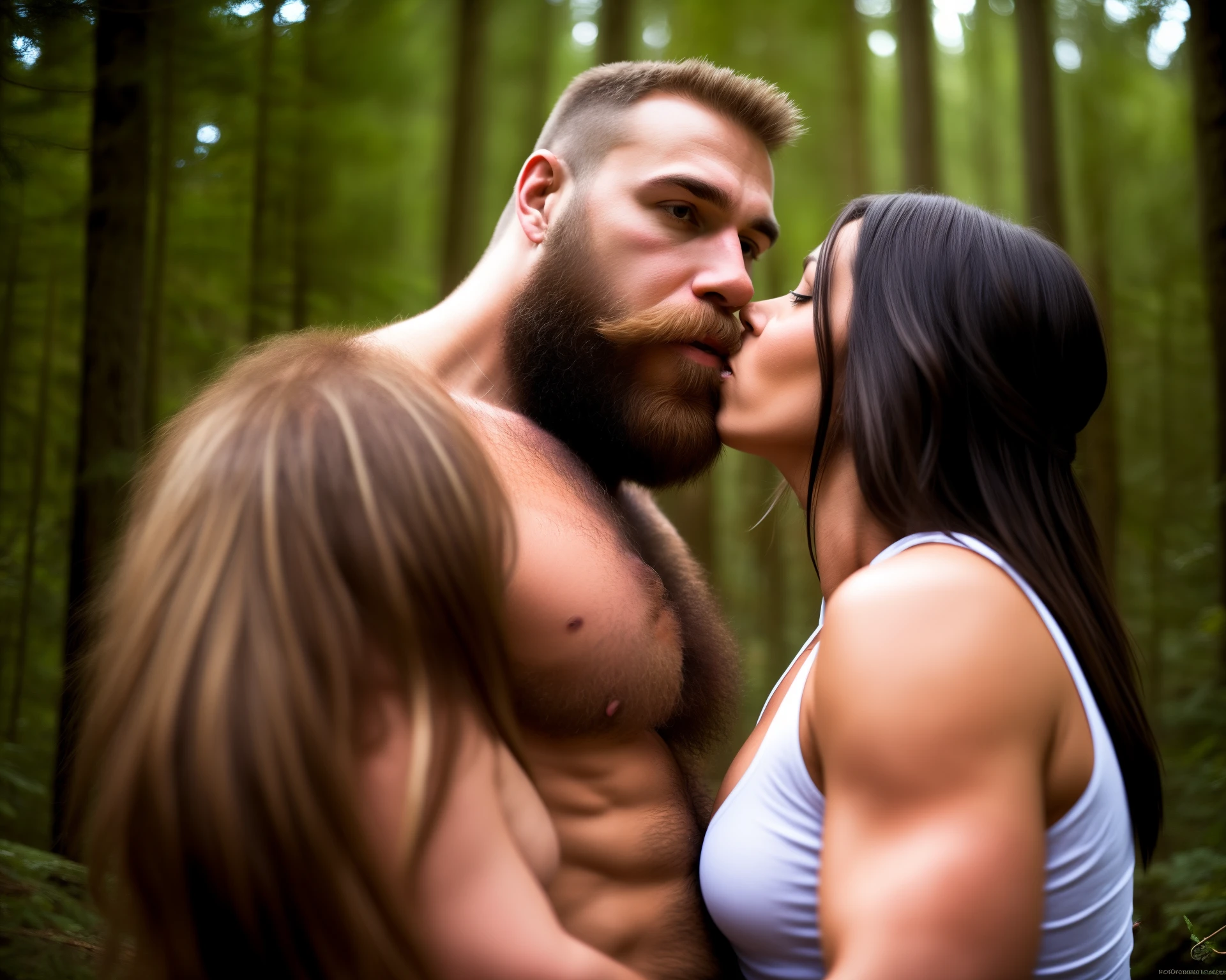 A photograph of a buff, hairy Bigfoot with a large, dense beard kissing a blonde female in the forest