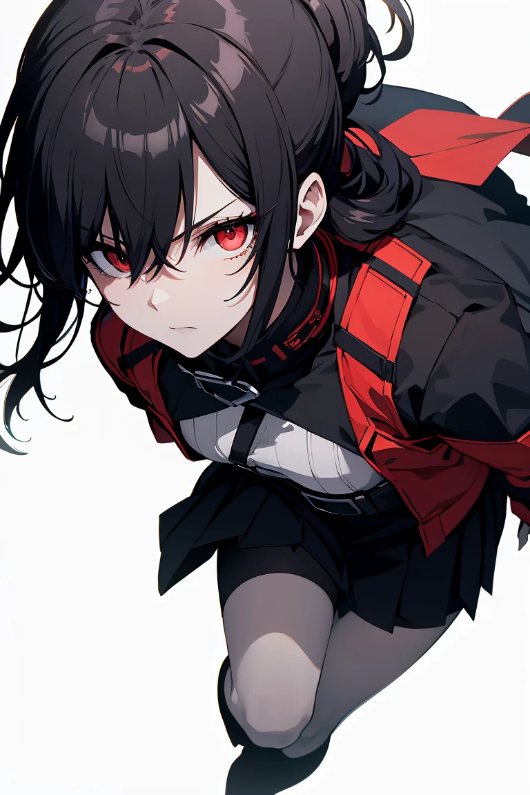 1 girl in, Full body, (masutepiece:1.2, Best Quality), (finely detailed beautiful eye: 1.2), (beautifull detailed face), High contrast, (Best Illumination, extremely delicate and beautiful), ((Cinematic Light)), Dramatic light, (Pale white background:1.5), oversized red open jacket, Black hair, Red Eyes, body harnesses, pony tail hair, black military uniform, black skirt,