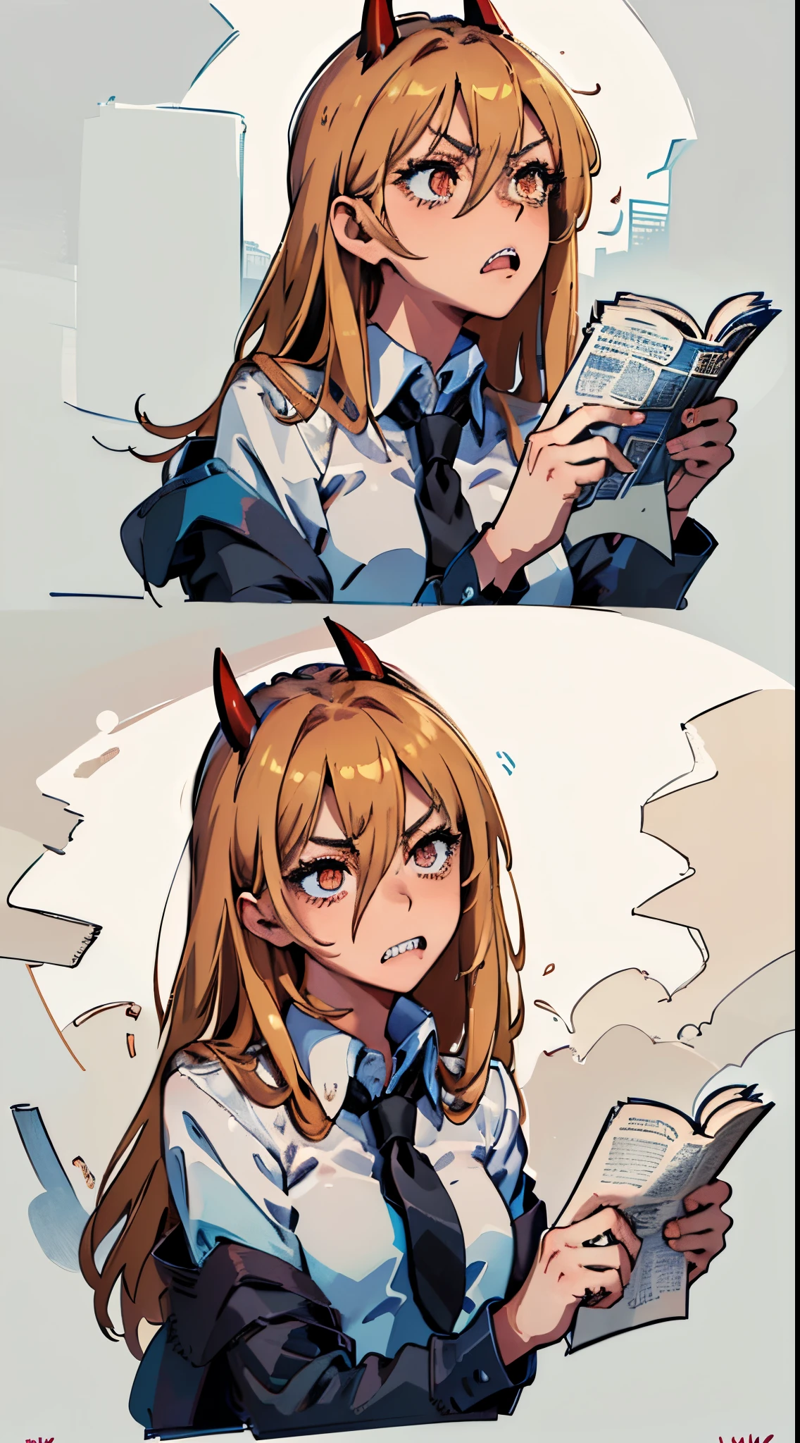 (masterpiece, best quality:1.2), solo, 1girl, power, power from chainsawman, default_cloth, cross-shaped pupils, sharp teeth, blue jacket, collared shirt, black necktie, clenched teeth, looking away, poohreading