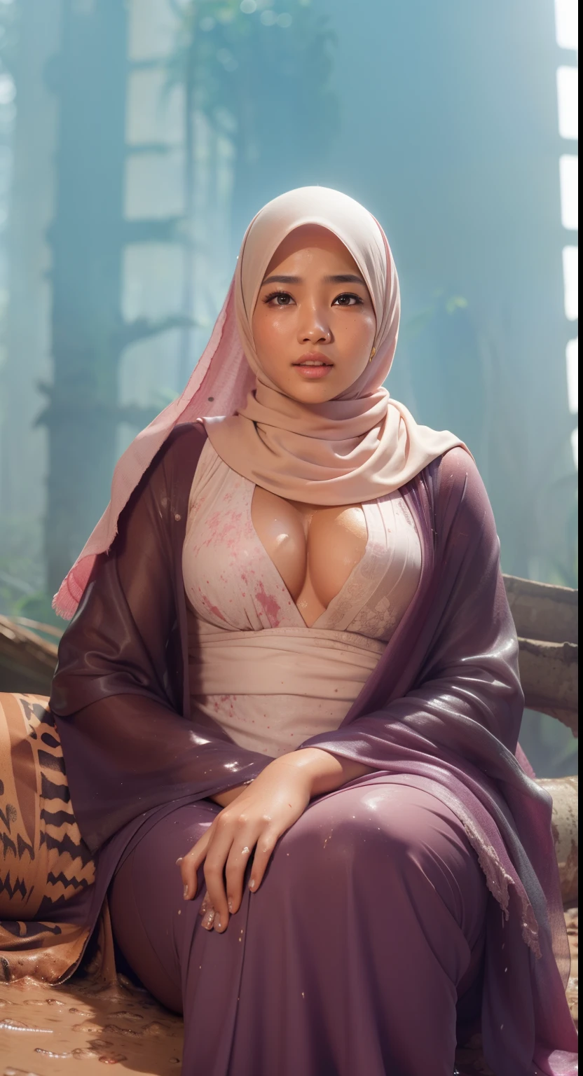 Typhoon, photorealistic full body portrait. amazingly cute malay woman with torn pink pastel shawl style hijab in her twenties crying against the background of fantastic jungle and muddy ground, clear white skin, wet and muddy, scratches everywhere, face d...