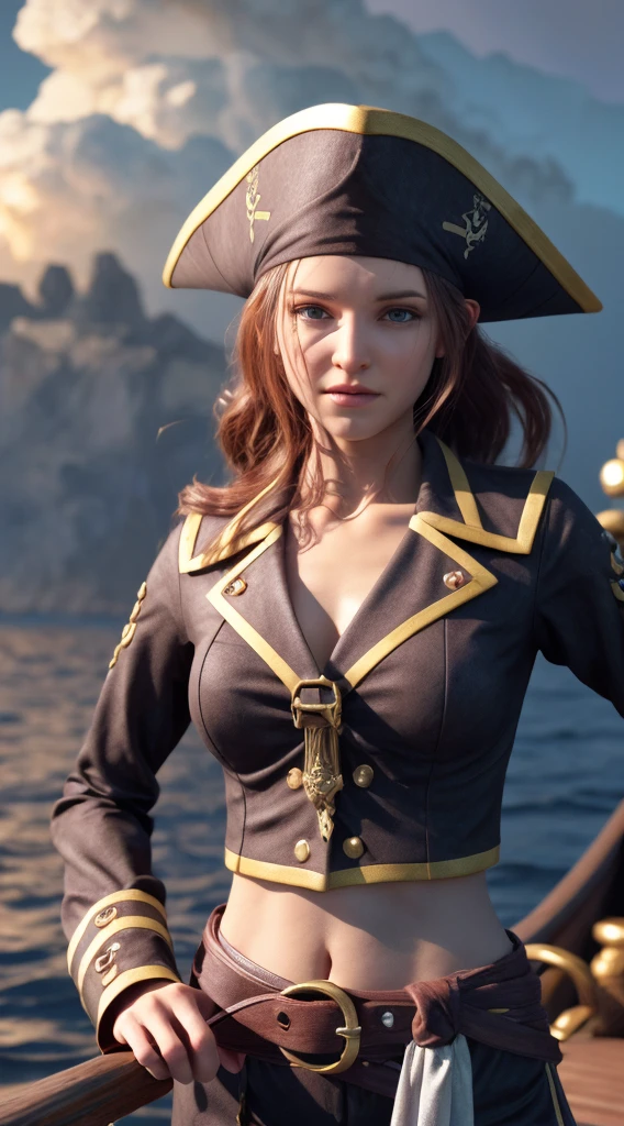 (masterpiece, best quality, award winning, highres), 1 beautiful female pirate, skinny, tall, pirate hat, intricate pirate clothes, intricate and beautiful design, highly detailed beautiful face, wavy hair, detailed flowing hair, standing at helm on pirate ship, pirate ship, storm, rain, rough sea, detailed background, water splash, extremely CG detail, ultra detail