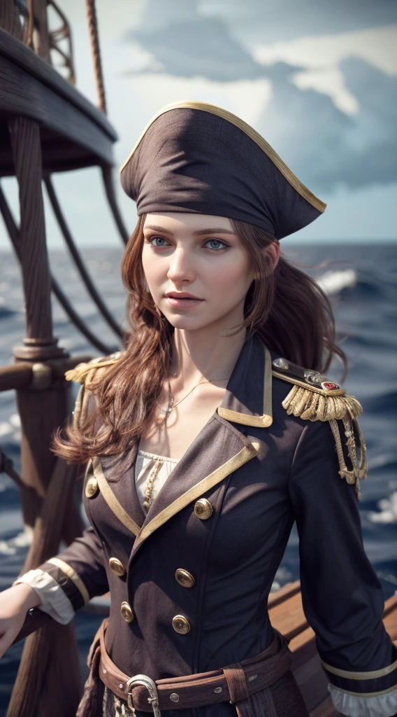 (masterpiece, best quality, award winning, highres), 1 beautiful female pirate, skinny, tall, pirate hat, intricate pirate clothes, intricate and beautiful design, highly detailed beautiful face, wavy hair, detailed flowing hair, standing at helm on pirate ship, pirate ship, storm, rain, rough sea, detailed background, water splash, extremely CG detail, ultra detail