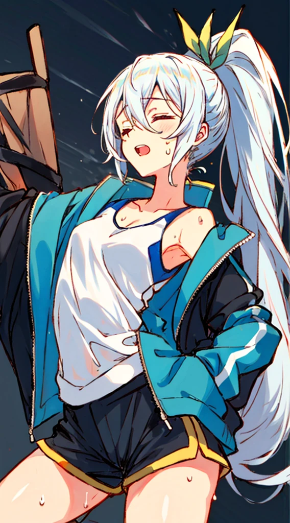 Yoisaki Kanade, black jacket, blue jacket, breasts, closed eyes, hair between eyes, high ponytail, jacket, long hair, several girls, open mouth, ponytail, shorts, side locks, small breasts, sportswear, sweat, drop of sweat, two tails, white hair, flat chest, erotic cute