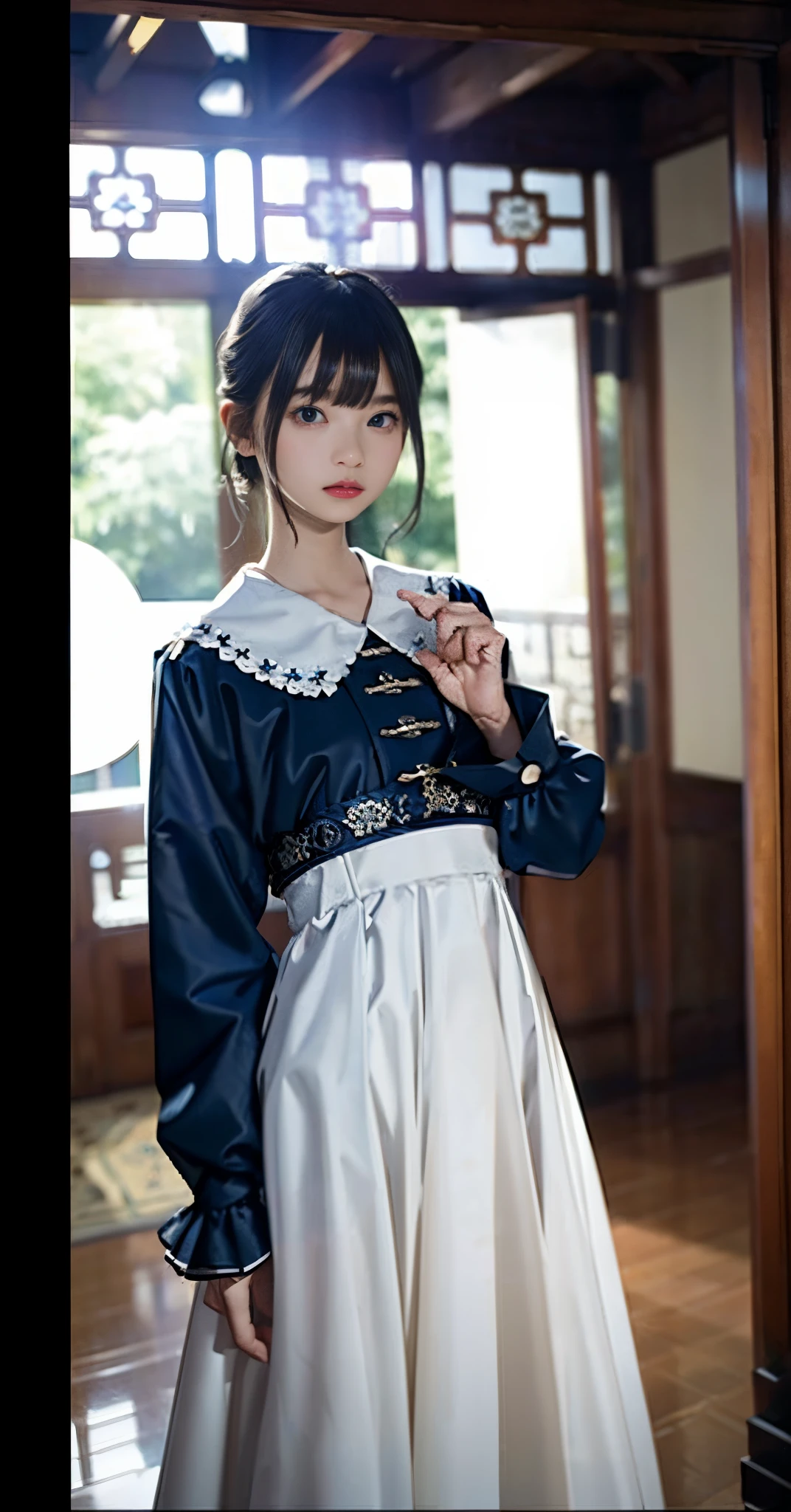 (masterpiece,ultra-detailed,best quality,8K,CG,illustration,shaved:1.0),(petite girl:1.0) <lora:more_details:1>, simple background, smile
 <lora:formal style v1.0:0.5> jyojifuku, dress, long sleeves, jacket