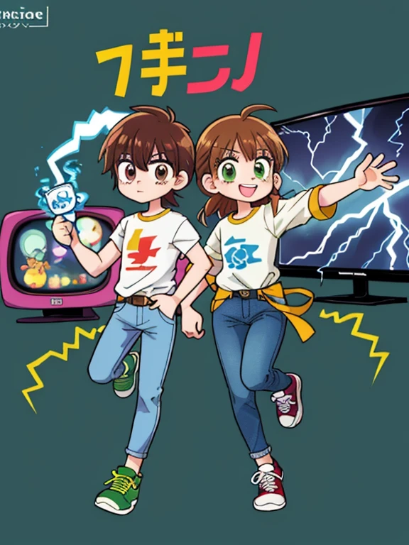 Create a animated tv action show poster of a youthful androgynous human with a pear shaped body, brown hair, a white shirt with green sleeves, a purple lightning bolt on the shirt, blue jeans, and sneakers, the tv show title is “Neoverse”, 2d anime