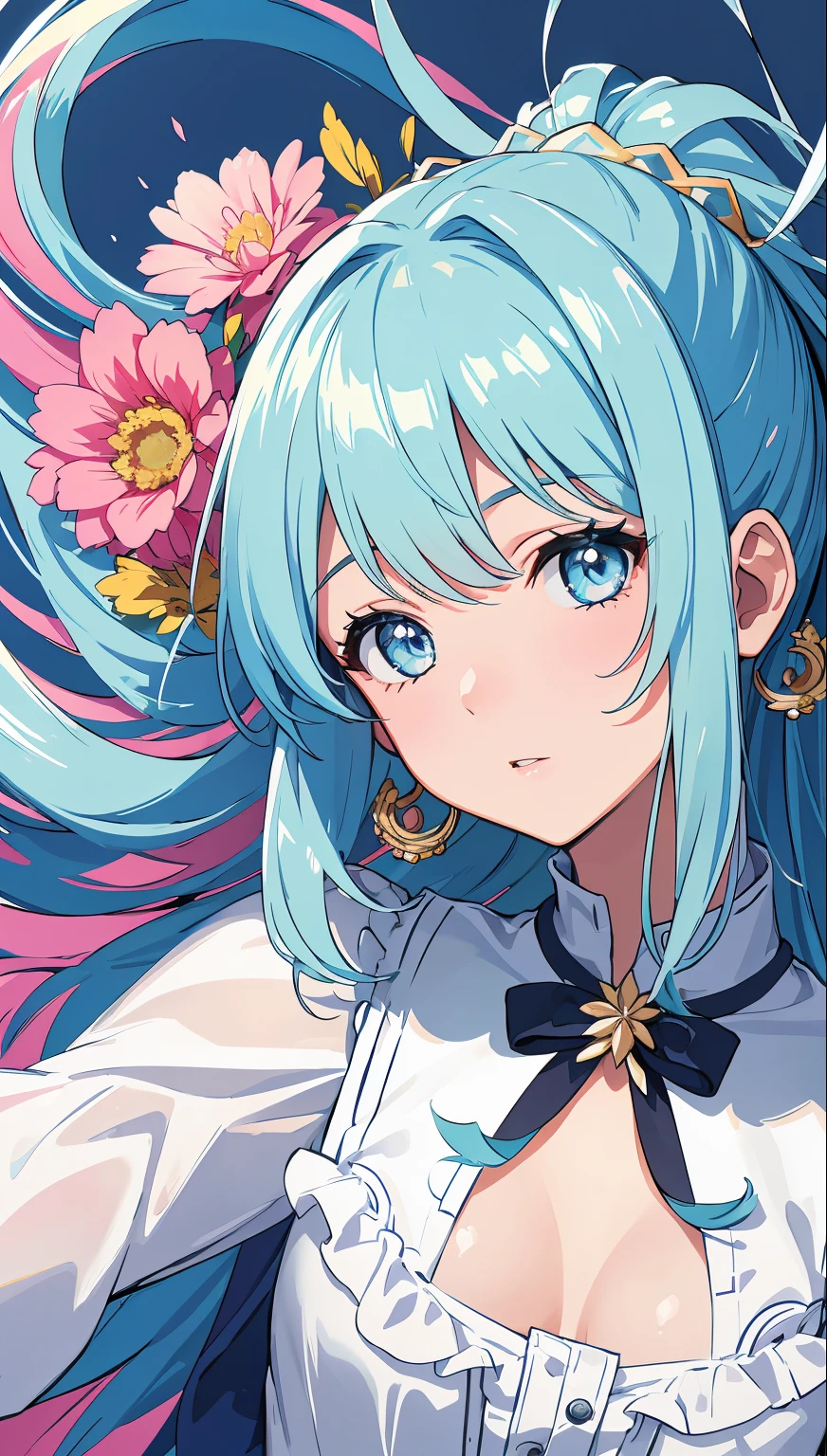 (masterpiece), (best quality), (ultra detailed),(disheveled hair),(illustration), (1girl), (Fashionable clothing), standing, Fashion model, looking at viewer, (interview), (simple background),beautiful detailed eyes, delicate beautiful face, Floating,(high saturation),(colorful splashes),colorful bubble,(shining), focus on face,  ponytail, kamisato ayaka, light blue hair, bangs, hair ring, floating flowers, floating hairs, (shining), best lighting, best shadow,