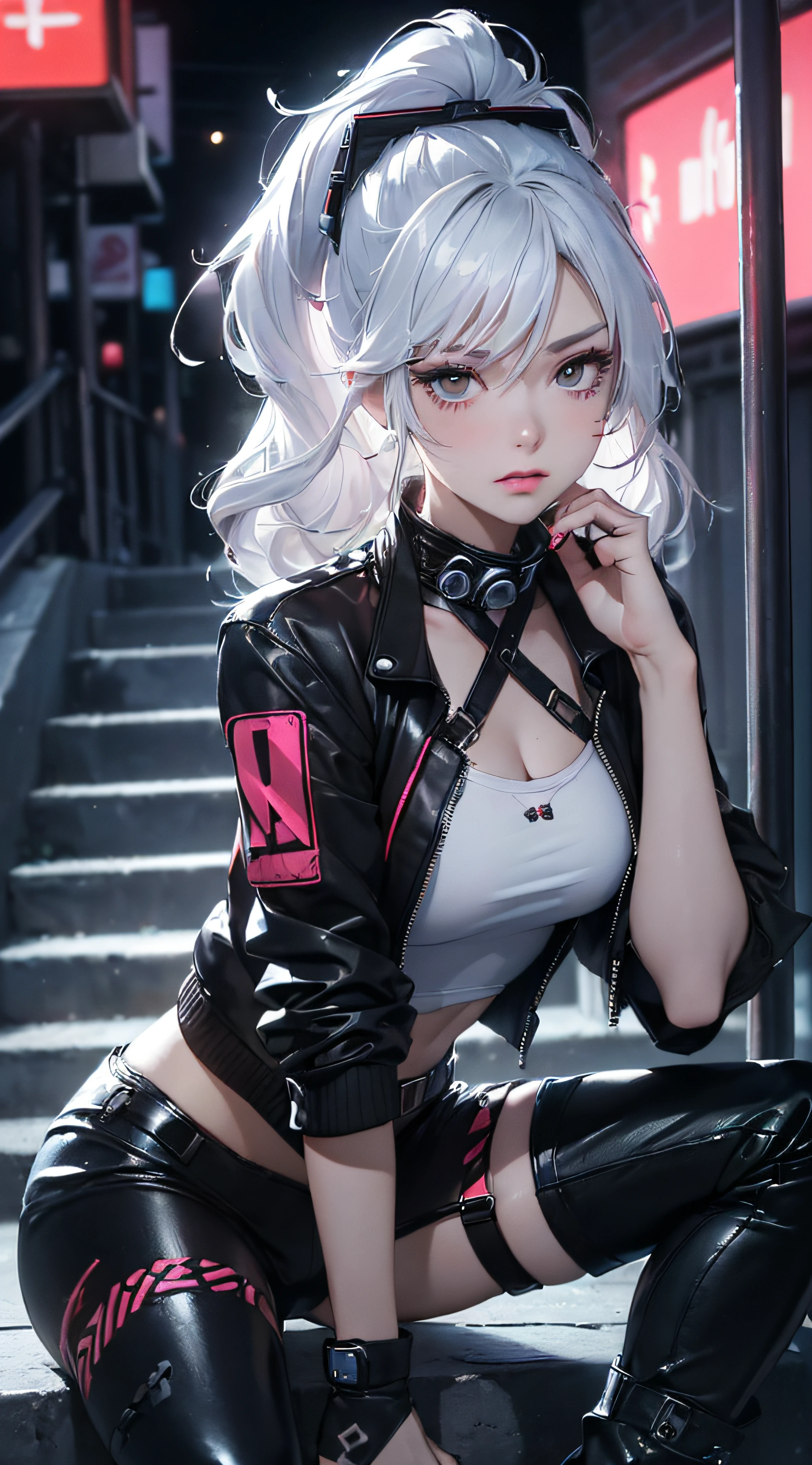 8K、master piece、highest quality、highest level、Highest image quality、muste piece、intricate details、high resolution、depth field、Natural light、professional lighting、(1 person)、solo、Anglo-Saxon girlish girl、(cute:1.2)、very beautiful 18 year old cartoon girl、(high detail skin: 1.2)、Photorealistic anime girl rendering、Realistic anime 3D style、bob cut、、beautiful bright blonde hair、強烈なred eyes、strong eye highlights、very big breasts、perfect anatomy、((black jacket、Wearing fancy underwear and detailed panties、supple and thin fabric、black mini skirt、metal accessories、))、decorative choker、hands behind the back、Beautiful platinum blonde hair、long hair、crossed bangs、asymmetrical bangs、bob cut、stick out ears、eyelashes、red eyes、cat ears、very mysterious smile、Attractive、(sophisticated headphones)、Body shiny with oil、(detailed bra、black mini skirt)、((Inspired by Shirow Masamune))、girl in cyberpunk armor、Epic battle fantasy Natalie、((rogue anime girl、bad pose))、A big city where you can see the sunset at 6 p.m.、red sunset clouds、it's raining、The body gets wet from the rain、Decadent and futuristic urban area in the evening、(cyberpunk city)、(Futuristic cars、flashing red light)、(Lightning is glowing)、(Flashing blue and purple neon tubes)、