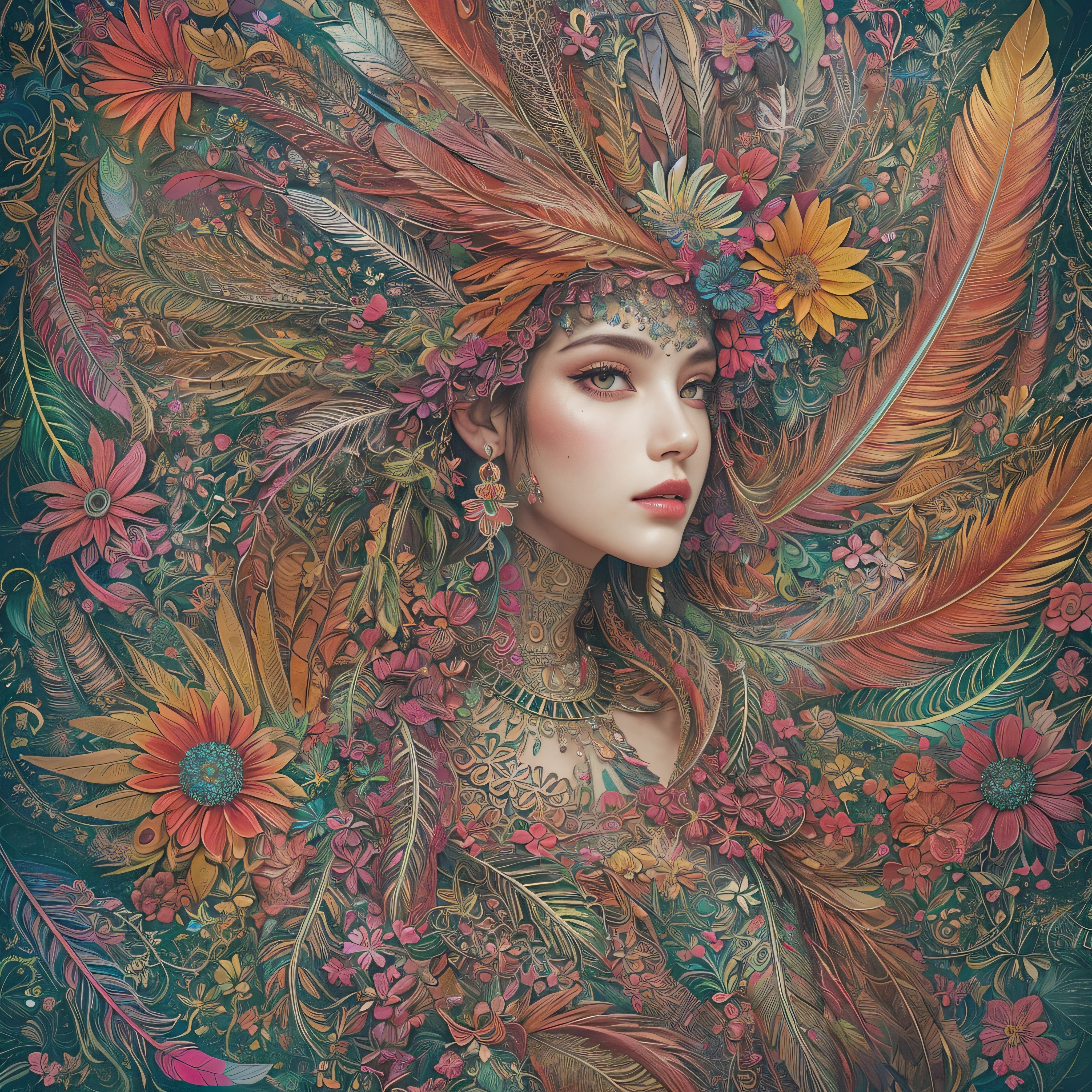 (masterpiece, top quality, best quality, official art, beautiful and aesthetic:1.2), (1girl:1.3), extremely detailed,(fractal art:1.1),(colorful:1.1)(flowers:1.3),highest detailed,(zentangle:1.2), full body, (abstract background:1.3), (shiny skin), (many colors:1.4), ,(earrings), (feathers:1.5),