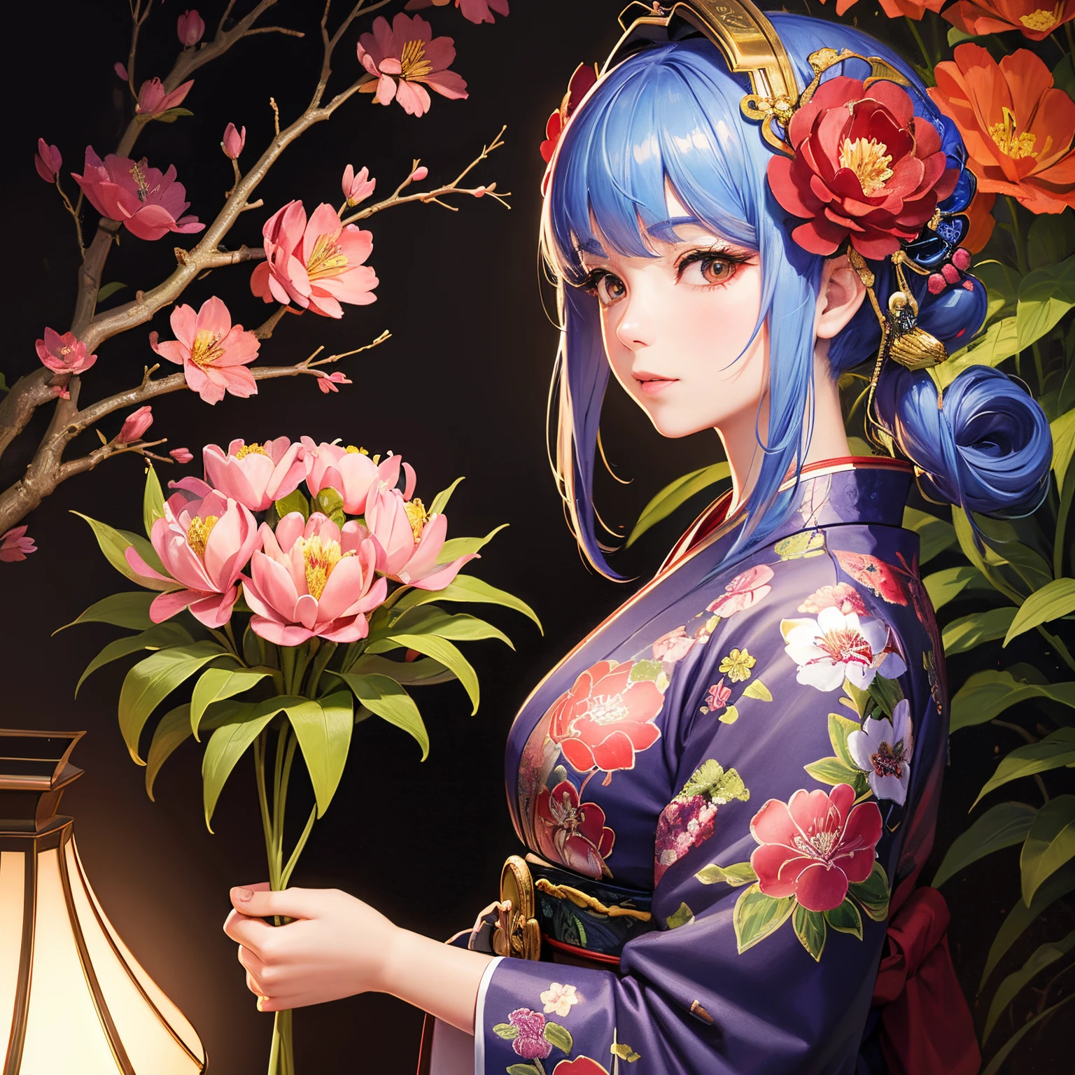 super high quality, (8k, RAW photo, realistic), Japanese paintings, ukiyo-e, artificial flowers made of metal plated, colorful lilies, colorful peonies, Japanese gardens, detailed and delicate depiction and flashy and dynamic painting method, professional flare lighting