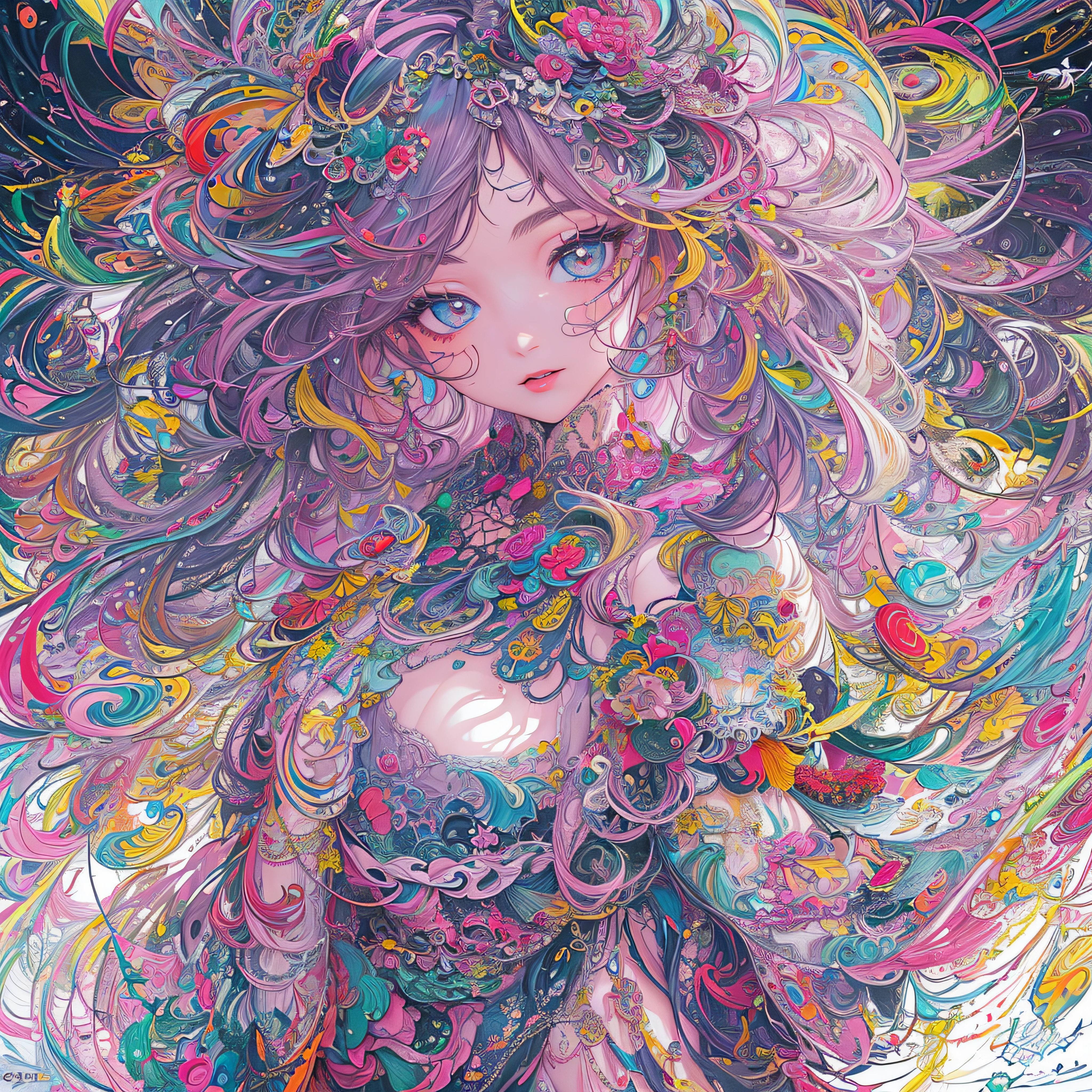 (masterpiece、top-quality、top-quality、Official Art、Beautifully Aesthetic:1.2)、Highly detailed fractal art、(colourfull:1.5)、highest details、Zentangle、a closeup、 (1girl in:1.5), 独奏, (dynamicposes), (abstract background:1.5), (shinny skin),