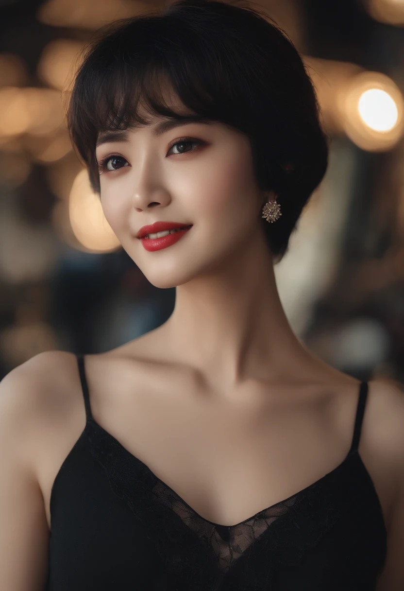 high high quality、A high resolution、ultra - detailed、masterpiece、tack sharp focus、realisticlying、Photographic realism、Original photography、3/5 guns、lighting like a movie、Detailed skin texture、Detailed fabric texture、beautiful countenance、Complicated details、1日本人の女の子、a baby face,20yr old、Loose black short hair、dark brown colored eyes、 The background is the streets of Dubai、Happy smile、Just look at the audience