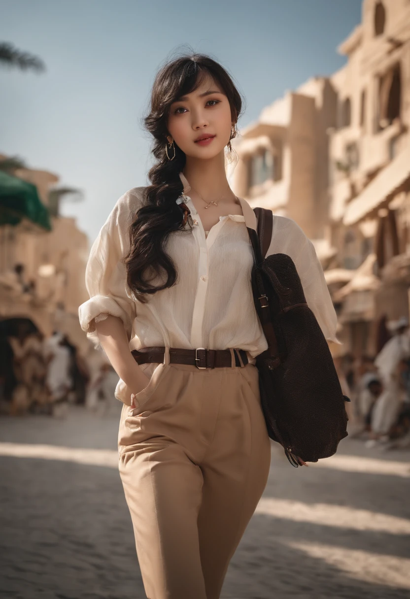 high high quality、A high resolution、ultra - detailed、masterpiece、tack sharp focus、realisticlying、Photographic realism、Original photography、3/5 guns、lighting like a movie、Detailed skin texture、Detailed fabric texture、beautiful countenance、Complicated details、1日本人の女の子、a baby face,20yr old、Loose black short hair、dark brown colored eyes、 The background is the streets of Dubai、Happy smile、Just look at the audience