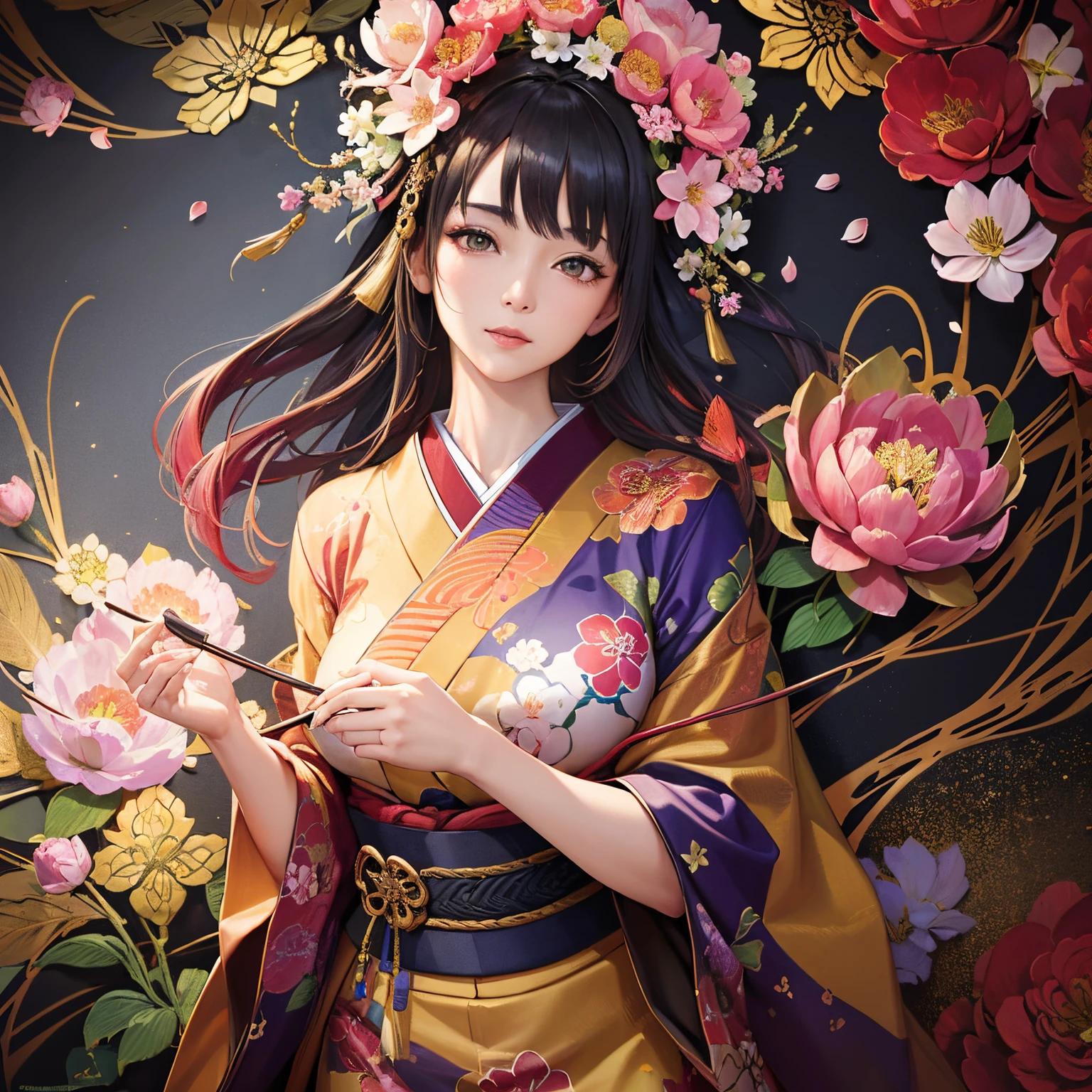 super high quality, (8k, RAW photo, realistic), Japanese paintings, ukiyo-e, artificial flowers made of metal plated, colorful lilies, colorful peonies, Japanese gardens, detailed and delicate depiction and flashy and dynamic painting method, professional flare lighting